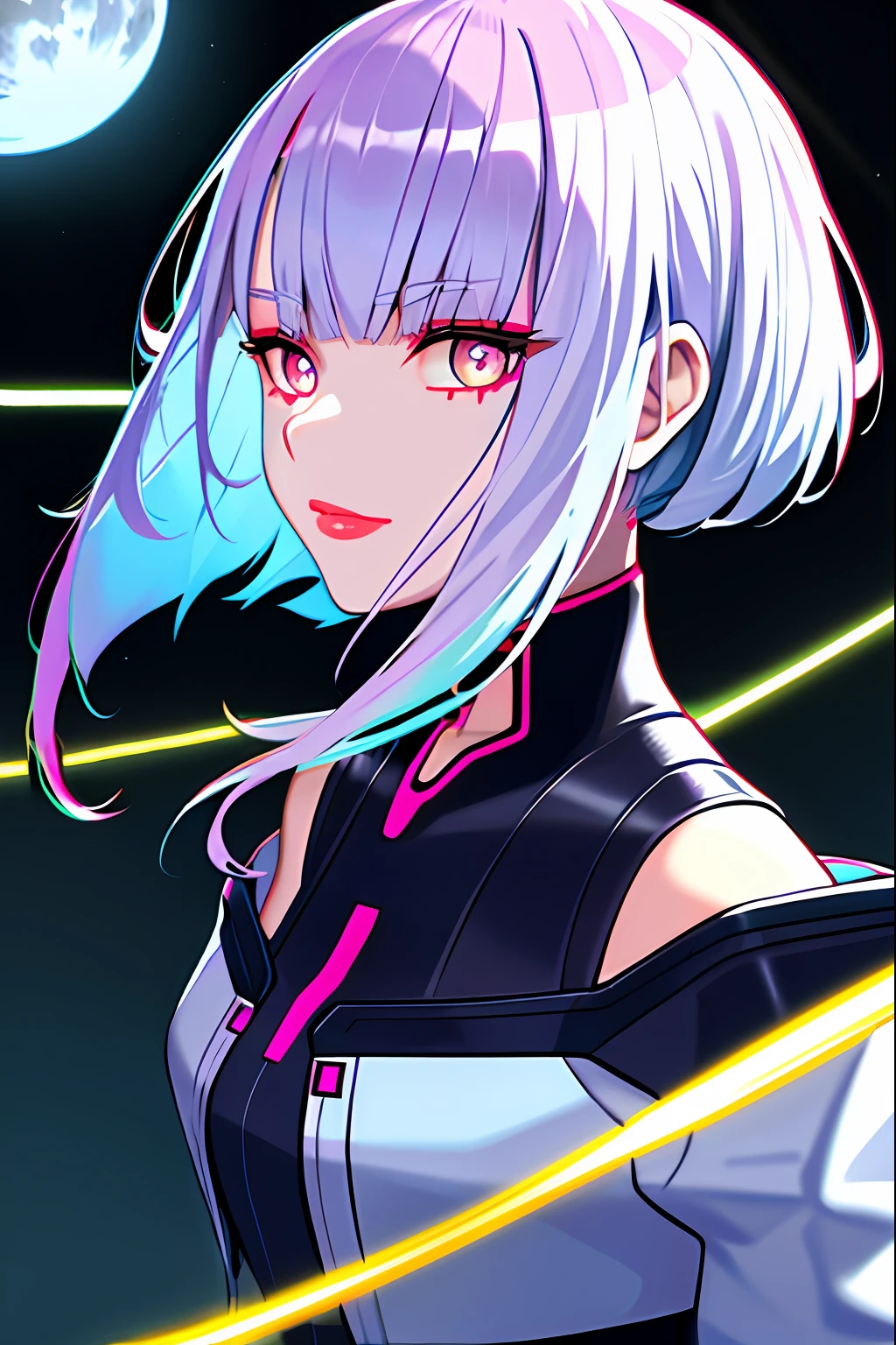 lucy \(Cyberpunk\), 1girll, hair scrunchie, hime-cut, Silver hair, colored tips, full moon, With gray eyes, Jacket, Long sleeves, view the viewer, Medium hair, Colorful hair, Bangs separated, lips parted, Pink-haired, Portrait, Red eyeliner, Redlip, Solo, White jacket, cyber punk perssonage\(Series\), Rainy night in neon-lit cyberpunk city,Two-dimensional,cyberpunk edgerunners