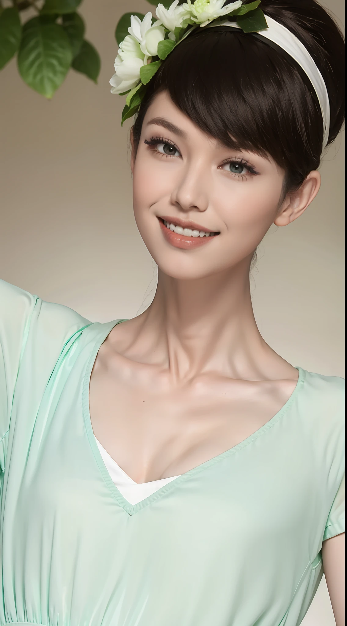 Fashion model 20 years old [[[[closeup cleavage]]]], [[[[boobgasm]]]], [[[[coll]]]], [[[[bshoulders]]]], perfect  eyes, Perfect iris，Perfect lips，perfect teeth，Perfect skin，Long face，slender nose，with fair skin，Soft front light，hdr，Movie girl，white  clothes，Casual，The background is outdoor，green trees，fresh flowers，Tano，grassy fields，（pastel colour：1.2）