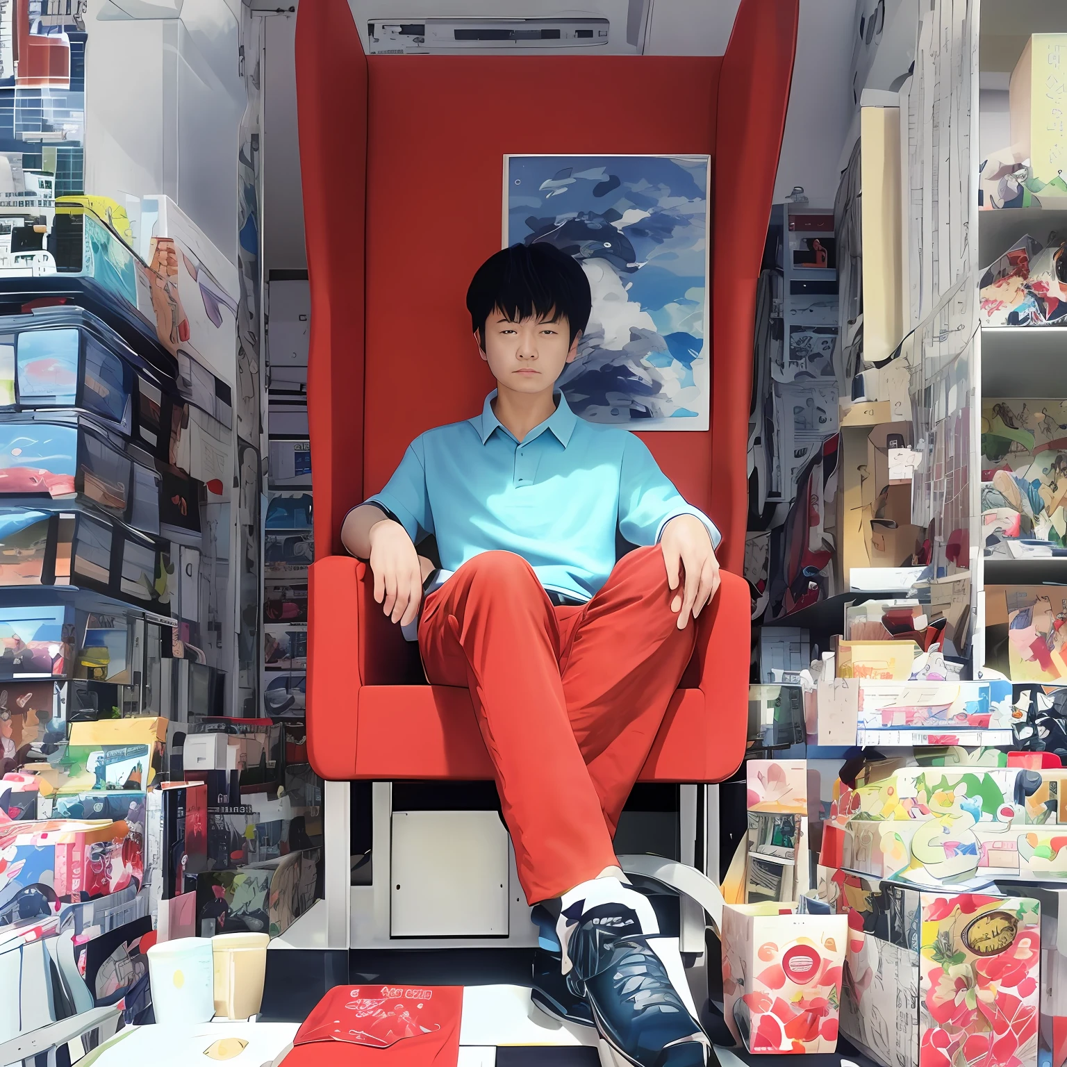 Alafed image of a man sitting in front of a huge chair, Artist Katsuhiro Otomo, Art of Katsuhiro Otomo, Amuro Ray album art, Katsuhiro Otomo, kastuhiro otomo, Katsuhiro - Otomo, In the style of Katsuhiro Otomo, by Takeshi Obata