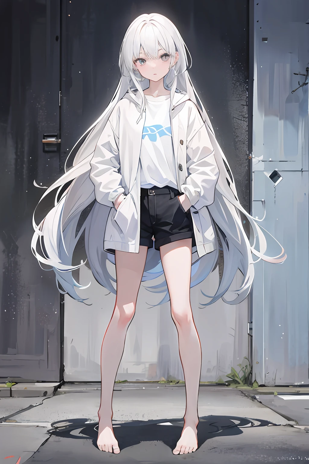 one-girl，Put your hands in your pockets，Wearing underwear，Gray eyes，White color hair，long whitr hair，full bodyesbian，Barefoot