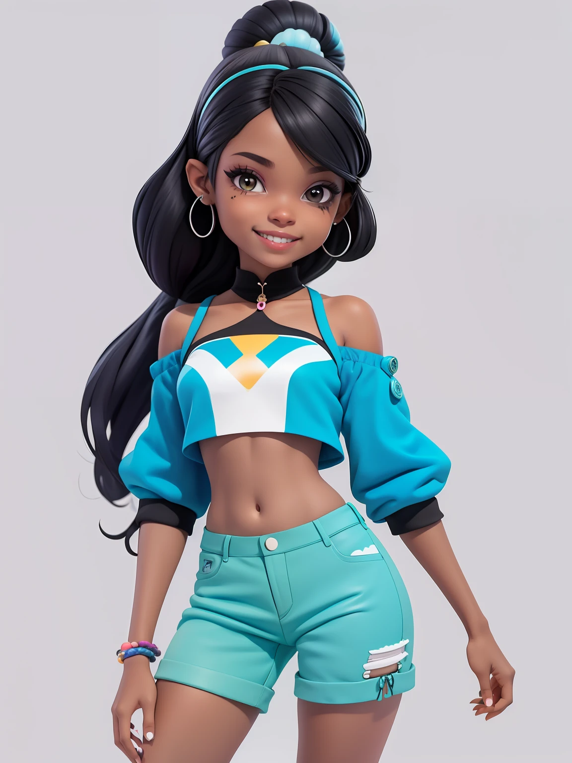 Avatar negra, roupas leves, sorriso claro, corpo inteiro, cabelo mesclado, moderno, Modern accessories, fundo tom pastel , colorido e simples.