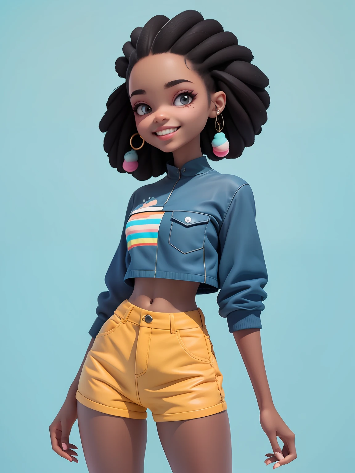Avatar negra, roupas leves, sorriso claro, corpo inteiro, cabelo mesclado, moderno, Modern accessories, fundo tom pastel , colorido e simples.