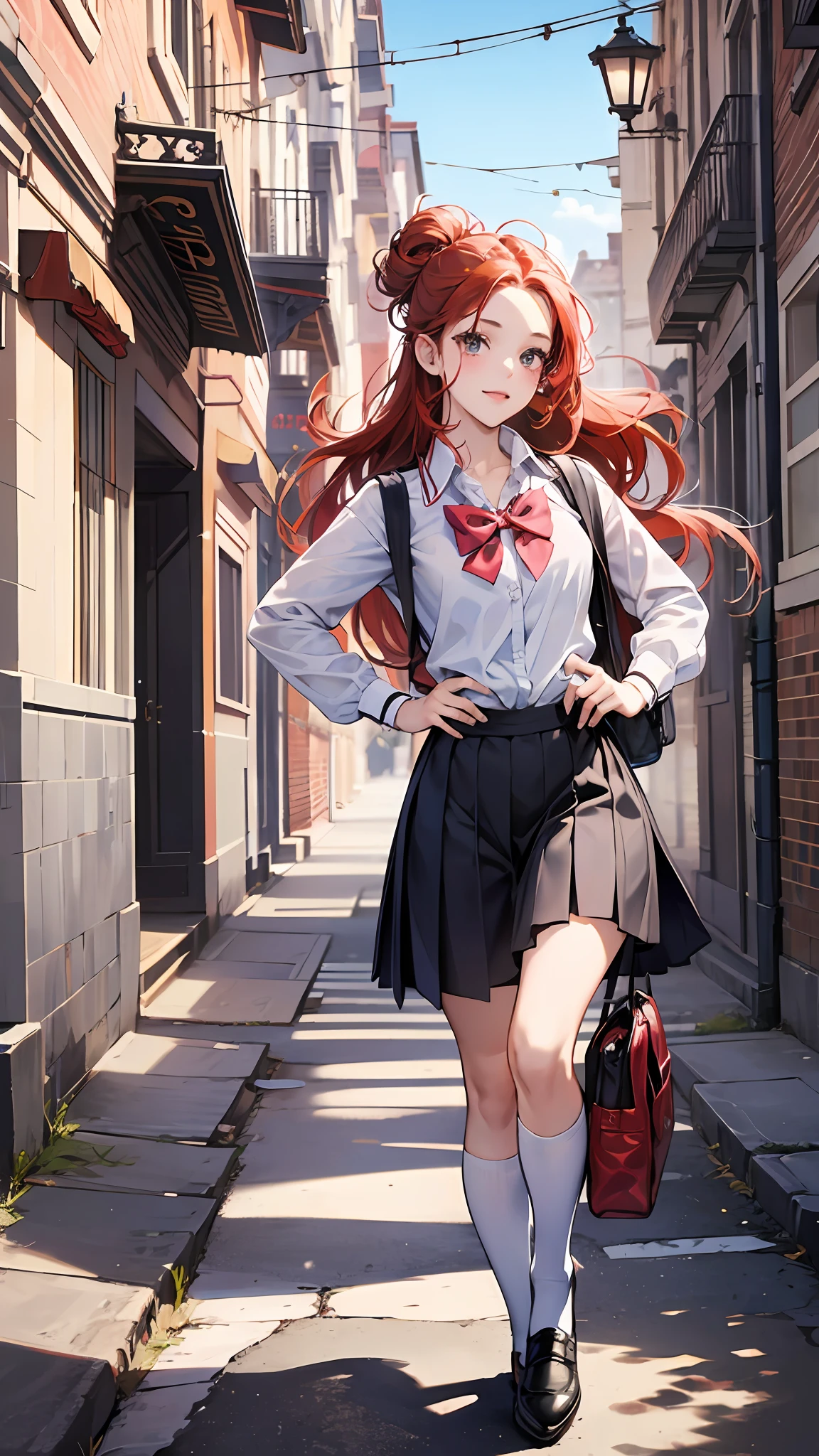 menina 9 anos.. personagem para capa de ebook infantil. Curly and red hair up to the shoulder. Bow on pink head. Olhos castanhos e grandes. pele branca. mesmo personagem. wearing dark blue skirt and white blouse as high school uniform. Meia branca e sapato preto. various poses, same character hates reference A child running, no campus da escola, behind the school building, carregando mochilas escolares, felizes, felizes, de qualidade perfeita, menina de costas, lateralmente, Attracted, lateralmente, lado a lado, fisionomia diversa da face.Foco claro (desordem - casa: 0,8), (obra-prima: 1,2) (realista: 1,2) (Bokeh) (melhor qualidade) (pele detalhada: 1,3) (detalhes intrincados) (8k) (olhos de detalhe) (foco nítido), (Feliz) --auto --s2