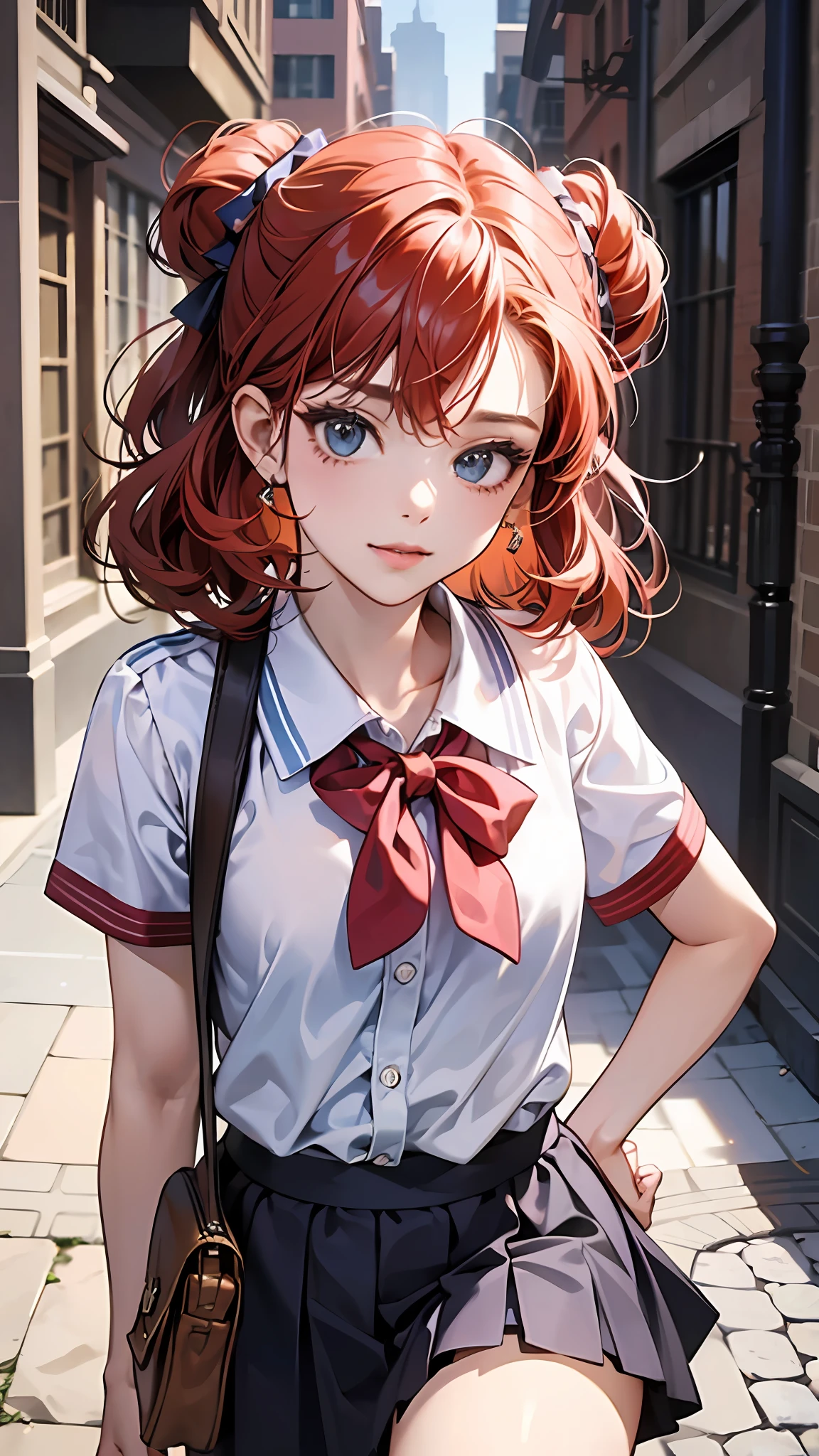 menina 9 anos.. personagem para capa de ebook infantil. Curly and red hair up to the shoulder. Bow on pink head. Olhos castanhos e grandes. pele branca. mesmo personagem. wearing dark blue skirt and white blouse as high school uniform. Meia branca e sapato preto. various poses, same character hates reference A child running, no campus da escola, behind the school building, carregando mochilas escolares, felizes, felizes, de qualidade perfeita, menina de costas, lateralmente, Attracted, lateralmente, lado a lado, fisionomia diversa da face.Foco claro (desordem - casa: 0,8), (obra-prima: 1,2) (realista: 1,2) (Bokeh) (melhor qualidade) (pele detalhada: 1,3) (detalhes intrincados) (8k) (olhos de detalhe) (foco nítido), (Feliz) --auto --s2