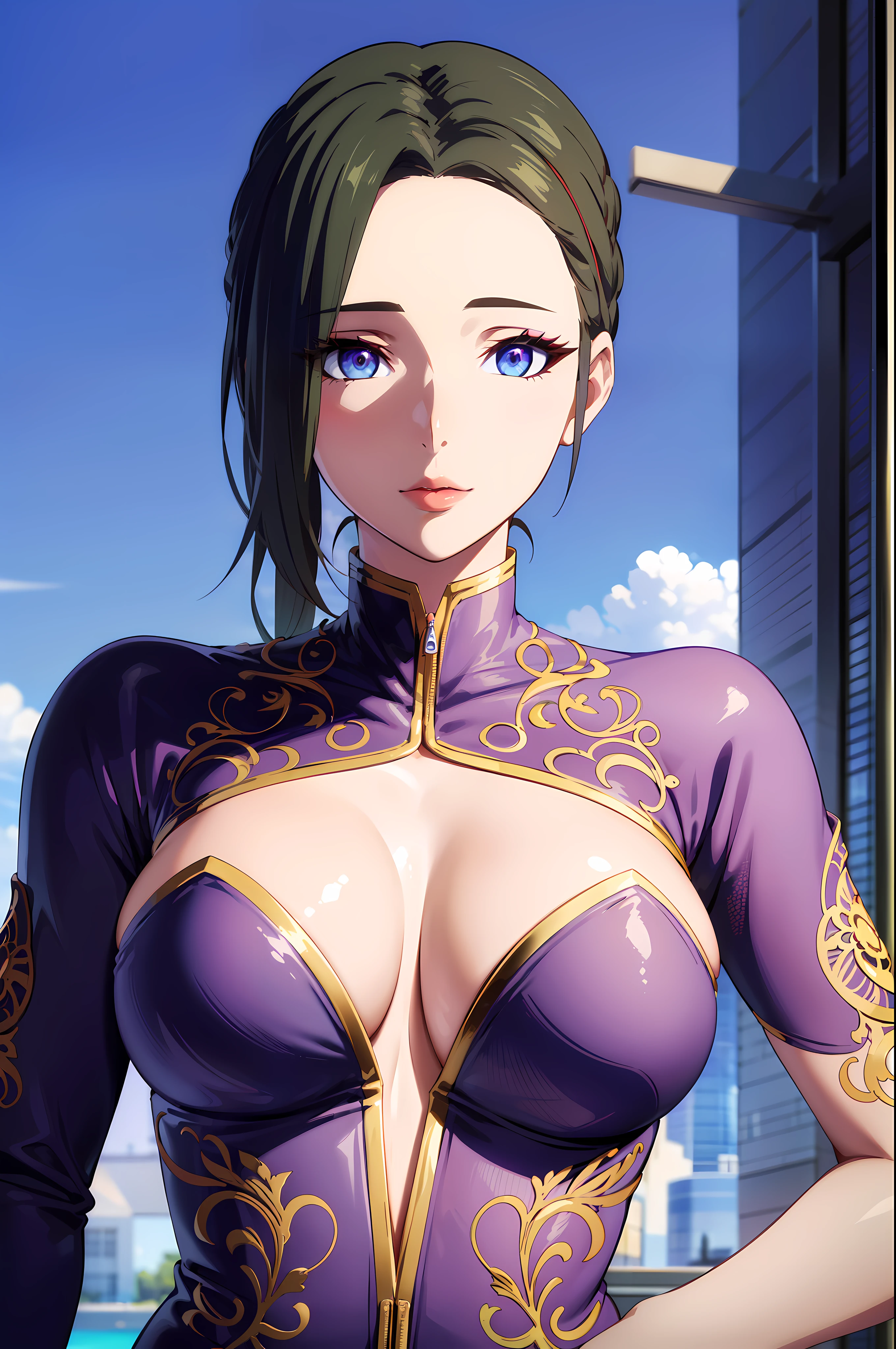 (masterpiece, best quality, 16k, 8k, ultra highres, plain white background, long hair, black hair, blue eyes, ponytail, highres:1.0), haruhiko_ichijou, black jumpsuit, makeup, purple lipstick, purple eyeshadow, beautiful face, hyperdetail face, hyperdetail bodysuit, half zipper open, cleavage, (((large breasts:1.2))), (((solo:1.5))), ((milf, mature female, 35yo)), gorgeous body, (((upper body, half body shot:1.5))), ((hyperdetail eyeshadow, hyperdetail lipstick)), (((looking at the camera, symetrical, sharp focus, intricate detail, elegant, concept art, cinematic))), (direct view:1.4),