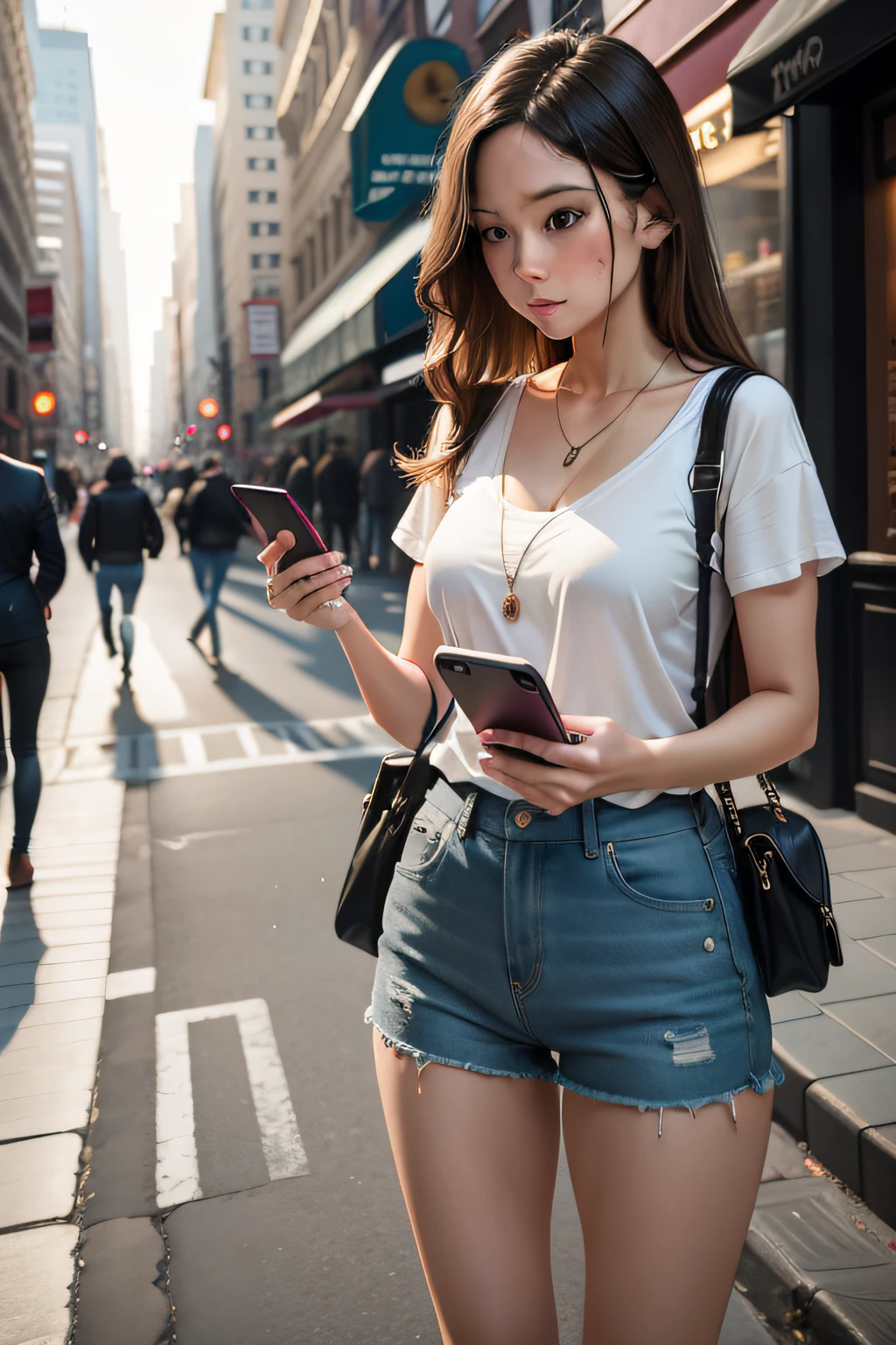 Beautiful woman, fiddling with cell phone in the middle of the street, short clothes