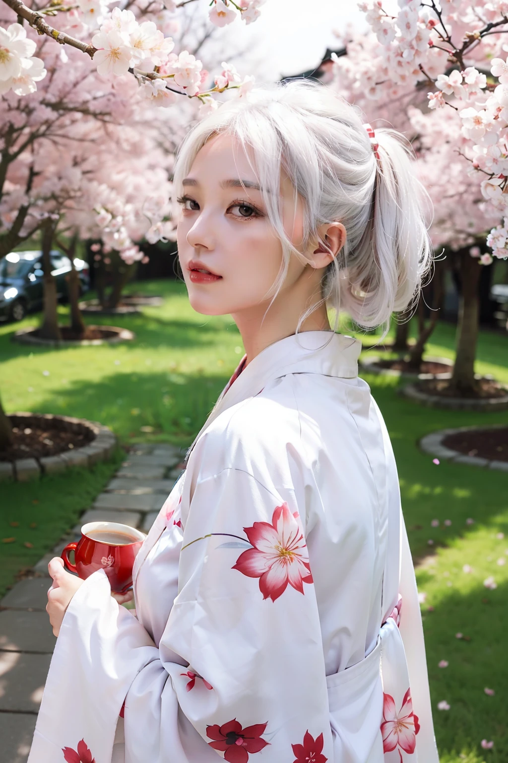 Kimono White hair cherry blossom tea art Superb HD