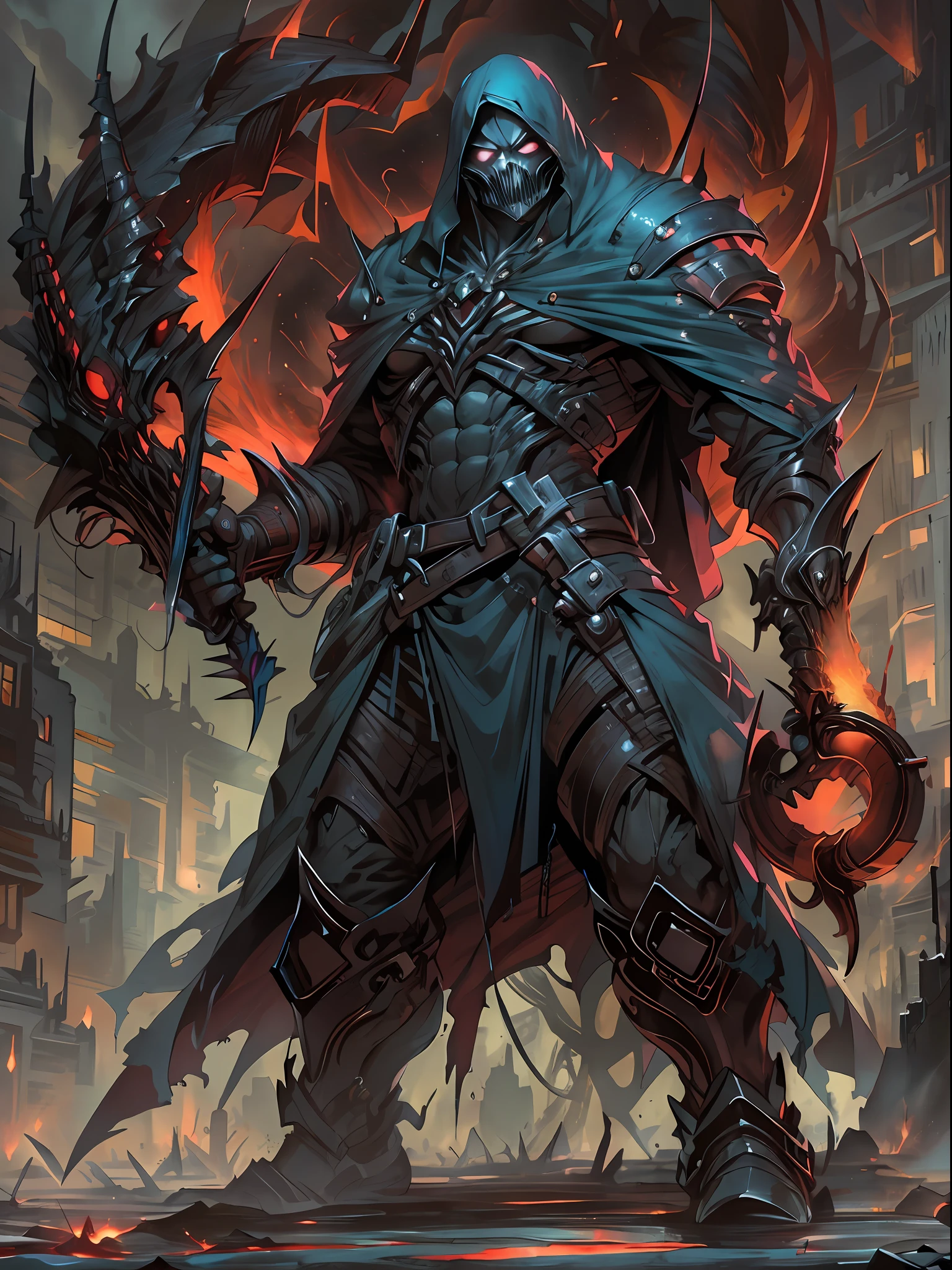 Hombre grande,marcas y simbolos por el cuerpo,pelo largo y  lanco,capucha roja,Espada gigante de almas en pena,oscuro,almas,guantes demoniacos,armadura masiba,armadura de almas en pena,demonio, Fuego, caballo infernal de fuego y lava,ojos rojos,ojos azules brillante, infierno, apocalyptic,fin del mundo, Lado oscuro,ruina, guerra, Darksiders , ERA (Darksiders), obra dearte,guerrero,enviado del infierno,Horseman of the Apocalypse,muerte,sangre,destruccion,hambre,lucha,furia,ciudad debastada,edificios en ruinas,calles destruidas,pobo y particulas en el aire,muchas victimas alrededor,demonios muertos,demonios descuarisados y sangrando,espada clabada,espada enterrada,espada con sangre,mirada aterradora,misterio