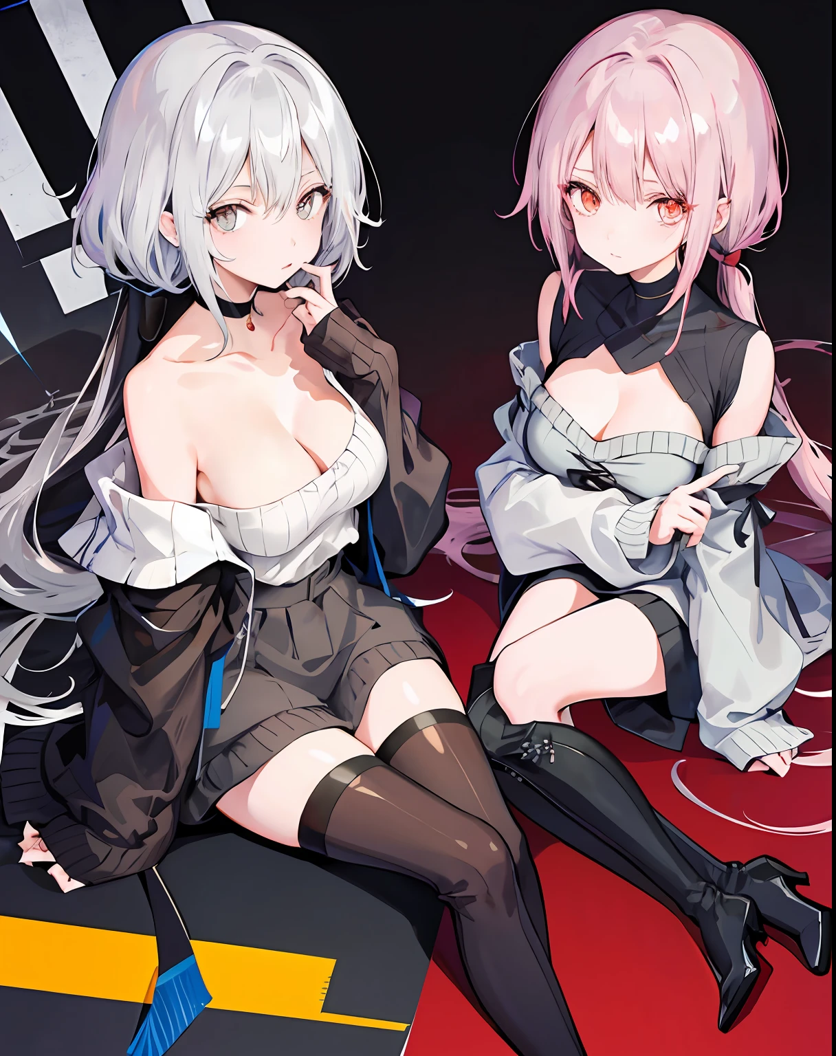 big cleavage breasts, 1girll, 独奏,long whitr hair, Sweaters, off-shoulder sweater, sitted, cropped shoulders, looking at viewert, 鎖骨, Be red in the face, exposed bare shoulders, choker necklace, exteriors, By bangs, Keep one's mouth shut, a black choker, longer sleeves, gray sweaters, black pantyhoses, hair between eye,the street, crosswalks, Wagas, Very long hair,thigh boots,high heels boots,Thighs, thighs