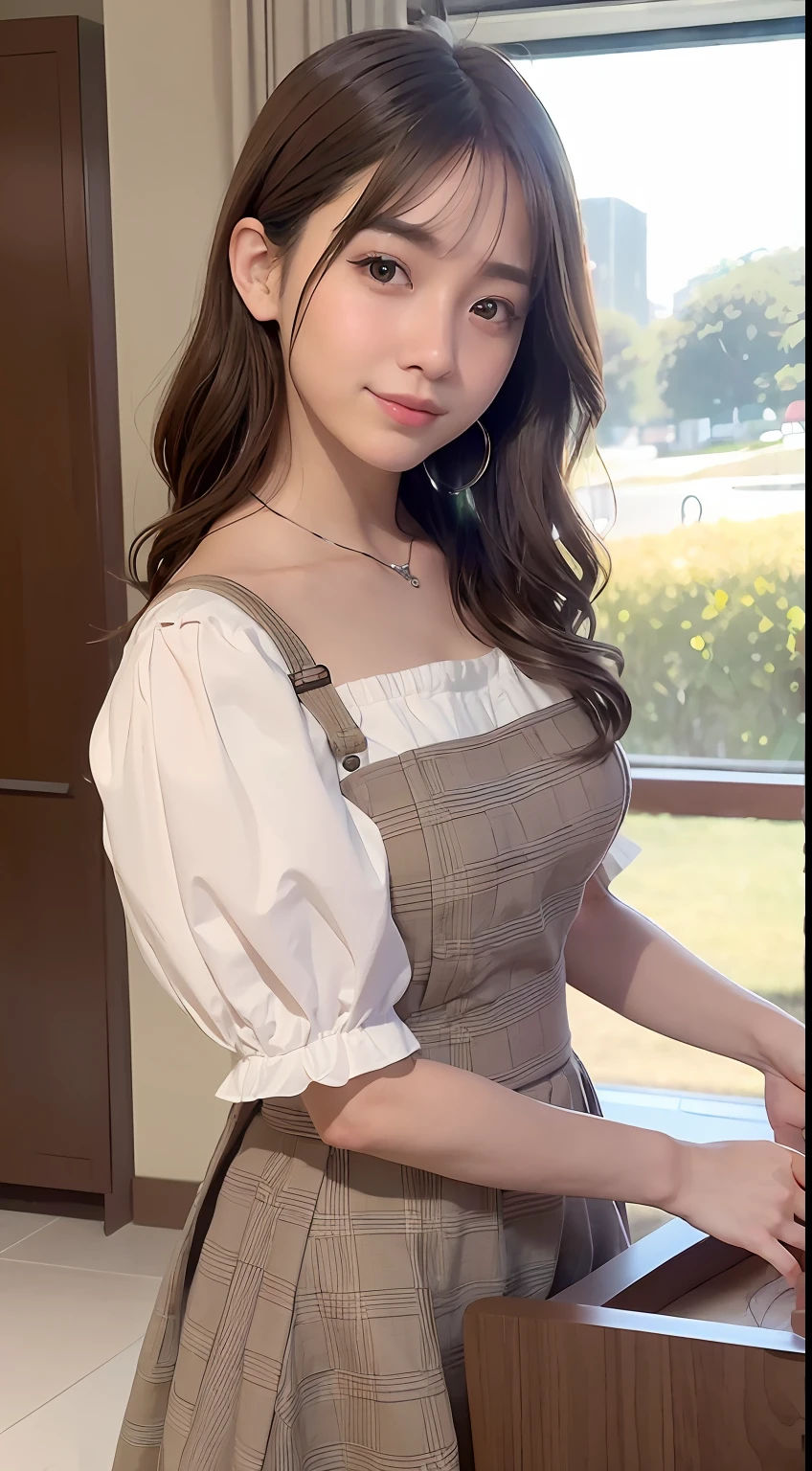 Girl with Camera、mix4、(8k、RAW Photography、top-quality、masterpiece:1.2)、(realisitic、Photorealsitic:1.37)、1girl in、cute little、profetional lighting、photon maping、Radio City、physically-based renderingt、Gradient brunette hair、short curly hair、、superior image quality、hight resolution、1080p、(Clear face)、(Detailed face description)、(Detailed hand description)、(masuter piece)、(Exquisite CG)、 extreme light and shadows、hair messy、masterpiece、abundant detail、(Exquisite facial features)、(Top image quality)、(masterpiece)、(Eye of Detail)、Looking forward to your eyes、Delicate collarbones, ((maid clothes:1.10))、 Cafeteria background, bblurry, ngel, Plaid, shortsleeves, brown haired, A bracelet, bangss, jewely, cparted lips, s lips, from the front side, depth of fields、(Skinny Maid Clothing)、Standing、Holding a silver tray in his hand
