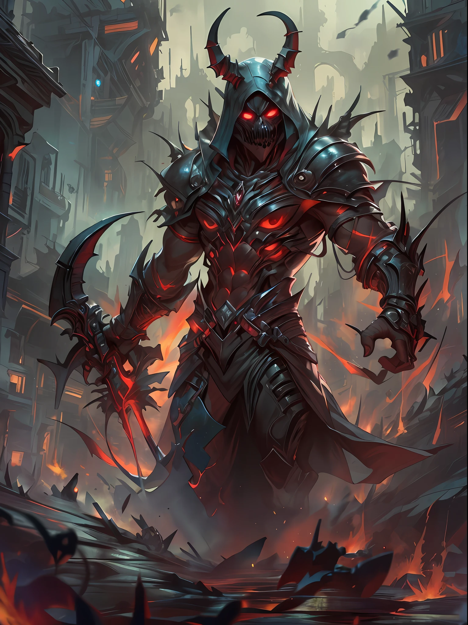 Hombre grande,marcas y simbolos por el cuerpo,pelo largo y lanco,capucha roja,Espada gigante de almas en pena,oscuro,almas,guantes demoniacos,armadura masiba,armadura de almas en pena,demonio, Fuego, caballo infernal de fuego y lava,ojos rojos,ojos azules brillante, infierno, apocalyptic,fin del mundo, Lado oscuro,ruina, guerra, Darksiders , ERA (Darksiders), obra dearte,guerrero,enviado del infierno,Horseman of the Apocalypse,muerte,sangre,destruccion,hambre,lucha,furia,ciudad debastada,edificios en ruinas,calles destruidas,pobo y particulas en el aire,muchas victimas alrededor,demonios muertos,demonios descuarisados y sangrando,espada clabada,espada enterrada,espada con sangre,mirada aterradora,misterio