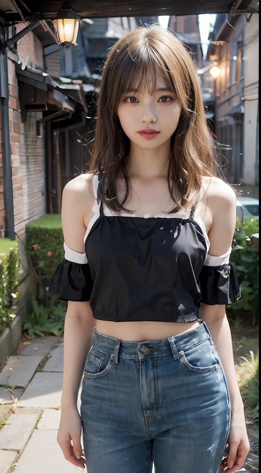 ((Realistic lighting、top-quality、8K、tmasterpiece:1.3))、Focus:1.2、1girl in、Perfect figure:1.4、Slim abs:1.1、(outside of house、natta:1.1)、the city street、Super fine face、Narrow-eyed、二重まぶた、The blonde、Gray hair、Dresses of random colors、