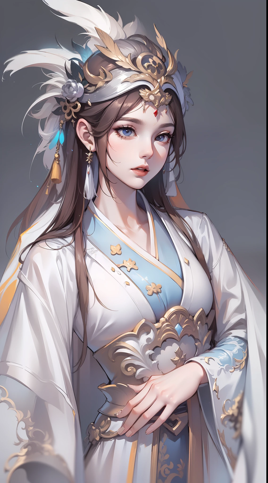 1 woman, feather, full body, white background, xianxia, gorgeous hanfu, headdress, high detail, sketch, denoising, cinematic grade, decisive cut, clean color, white background, super high resolution, sharp focus, epic composition, masterpiece, (very detailed CG unified 8k wallpaper)