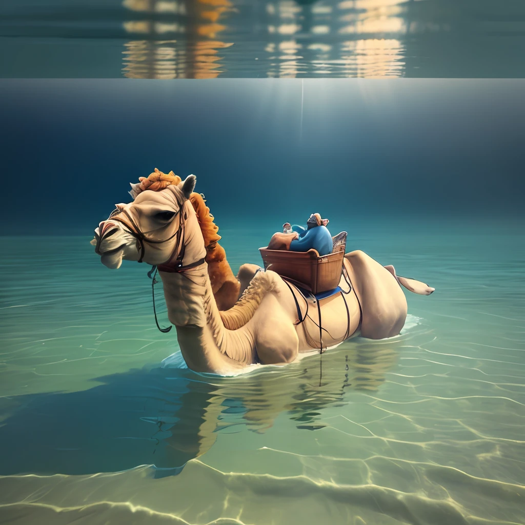 A camel floating in a sea of ​​water