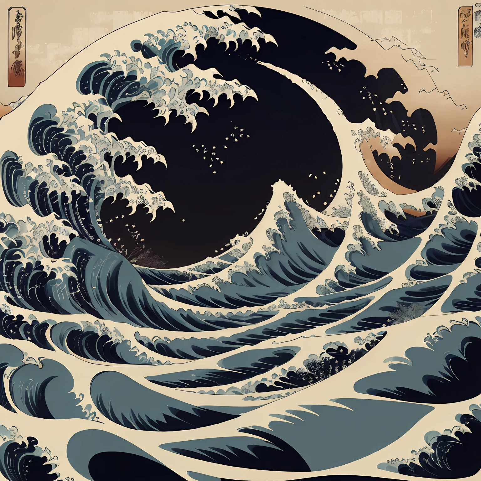 Design de arte de linha estilo Katsushika Hokusai, wave pattern design shades of and oranges dark blue Hokusai style. Estilo Ukiyo-e na mais alta qualidade, high-resolution masterpiece. Artistic style, 1:1, estilo ukiyo-e, arte vetorial 3D, Adobe Illustrator, 4K分辨率, fundo preto