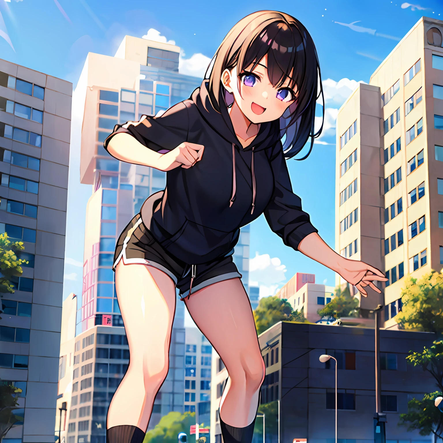 1girll, 16 years old, Two legs, Two hands, Bigger than the building, Black hair, Black hoodie, Short shorts, Socks, Sneakers, crossed bangs, Oversized clothes, standing, Destroyed buildings, giantess art, cheerfulness, excited, Anatomically correct, Textured skin, 8K