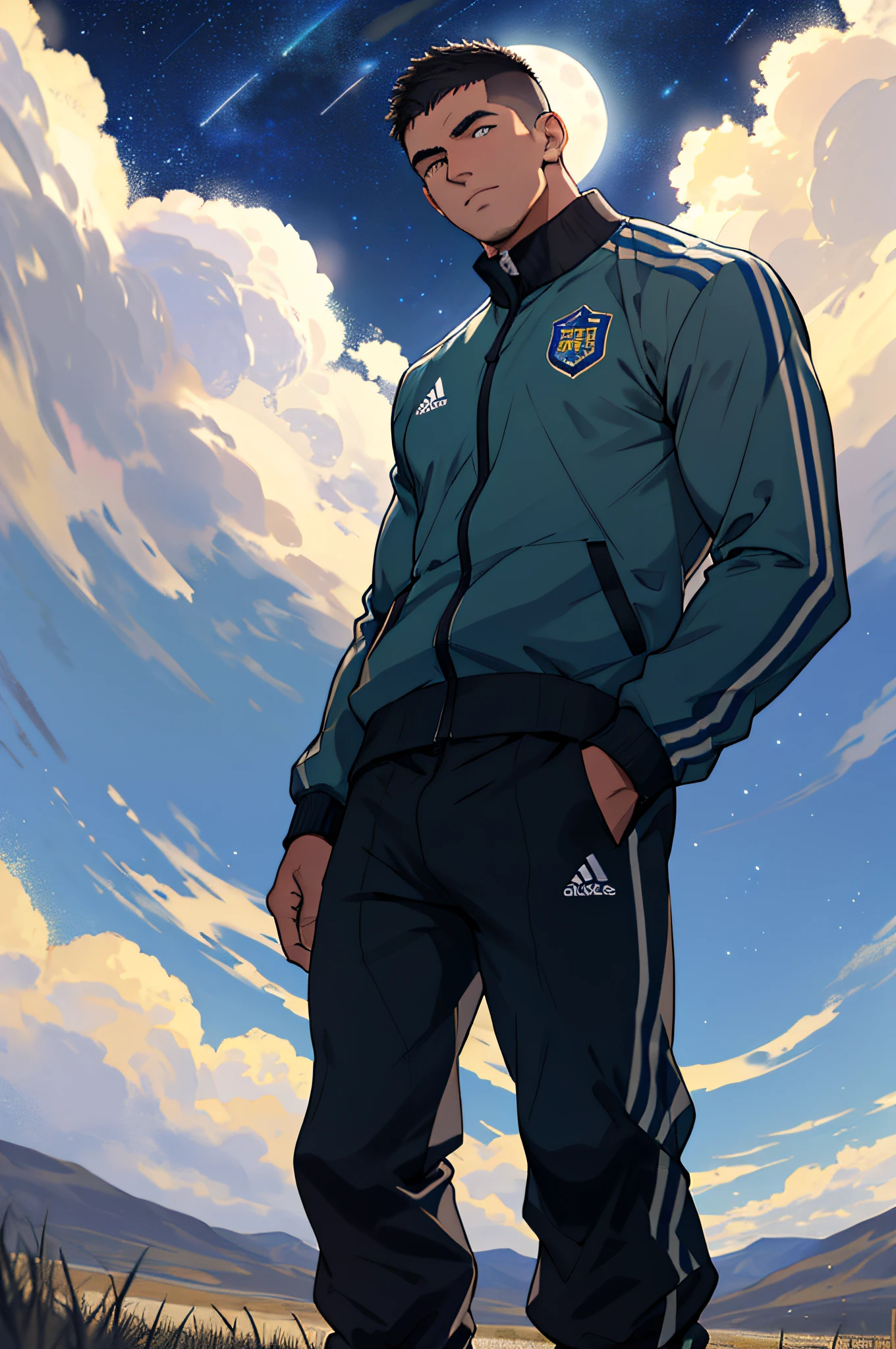 Draw a full-fledged footballer，Standing on the steppe at night，He was wearing a tracksuit，The man looks confident and determined，looking-down，Crew cut，full bodyesbian，Stars dot the sky，shooting from below，Big moon highlights background