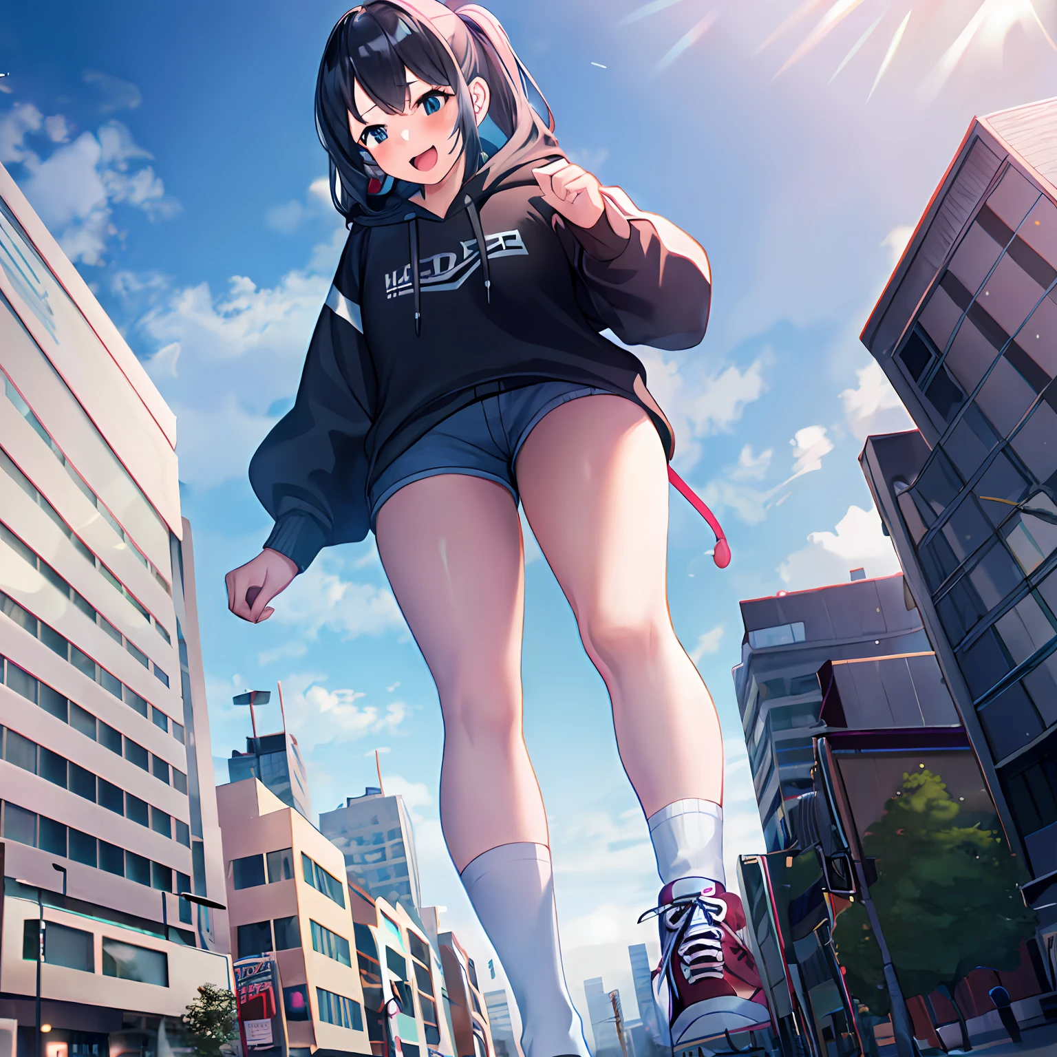 1girl, 16 years old, Two legs, Two hands, Bigger than the building, black hair, black hoodie, short shorts, socks, sneakers, crossed bangs, oversized clothes, standing, destroyed buildings, giantess art, happy, excited, Anatomically correct, Textured skin, 8k