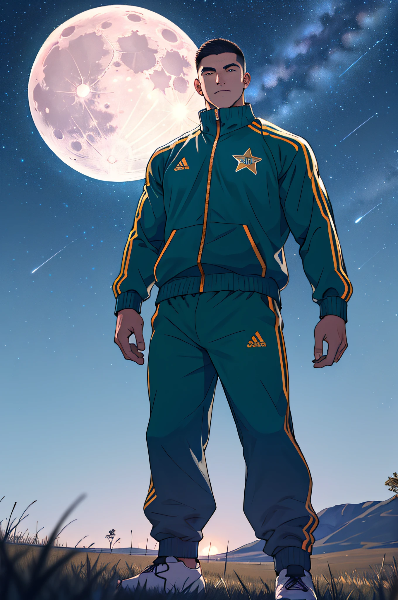 Draw a full-fledged footballer,Standing on the steppe at night,He was wearing a tracksuit,The man looks confident and determined,looking-down,Crew cut,full bodyesbian,Stars dot the sky,shooting from below,Big moon highlights background