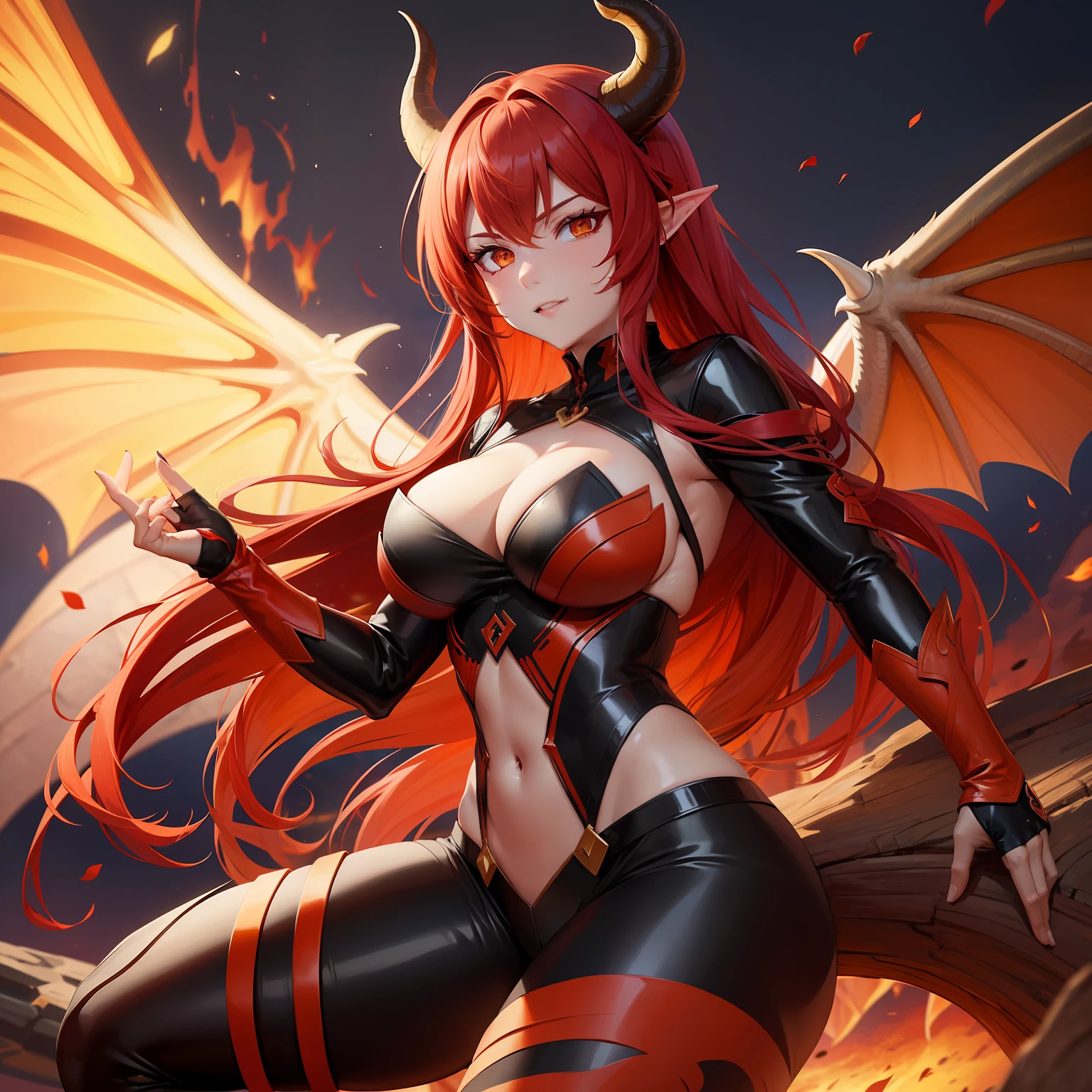 Dragon woman, horned wings, red hair and orange eyes, dragon tail,