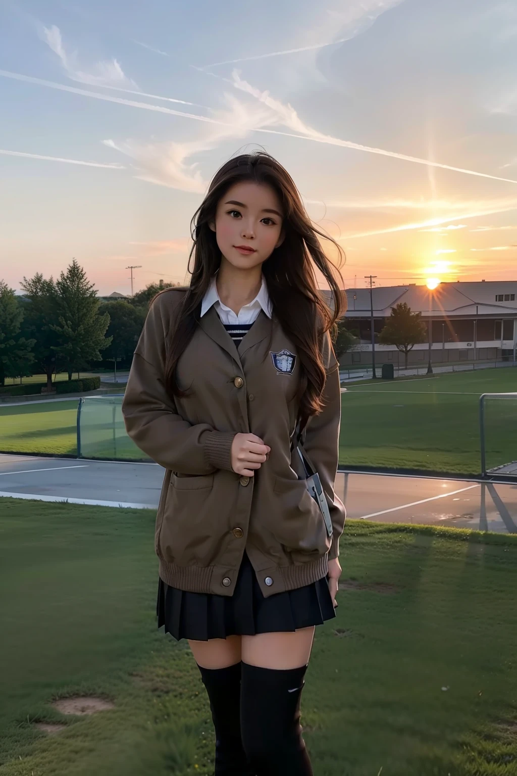 Pure campus uniform brown hair sunset beautiful superb over-the-knee socks