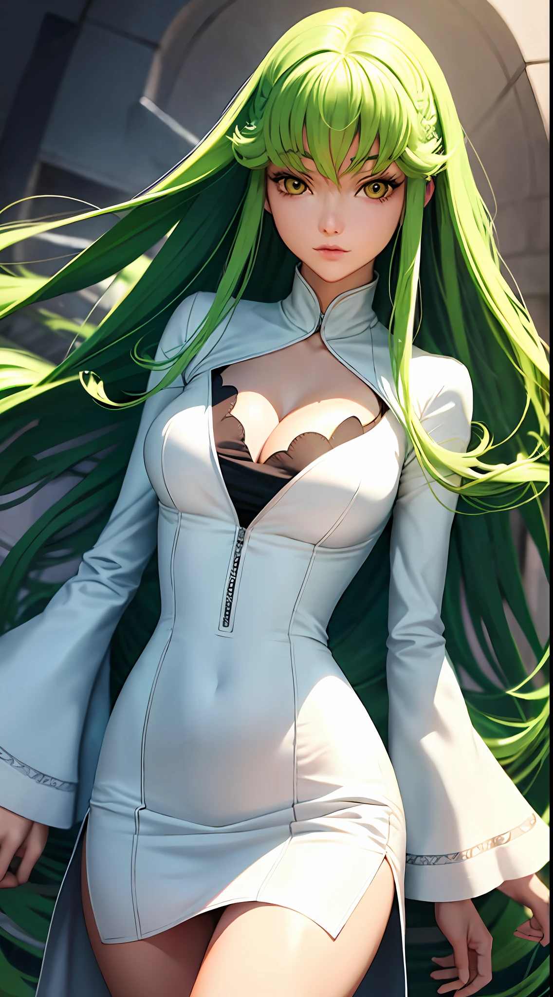 CC, face expressionless,cleavage,(Off-the-shoulder attire:1.3),Large breasts, (tmasterpiece, best qualtiy, ultra - detailed,(Green hair) white clothes,Best shadow, Volumetriclighting), (Beautiful detailed face, Beautiful detailed eyes), (best illuminate), Orange eyes, Very long hair, zippers, white straitjacket, (Cowboy shot:1.3), Strong angle, mksks-style, beatiful background, Professional lighting, Landscape in warm colors,