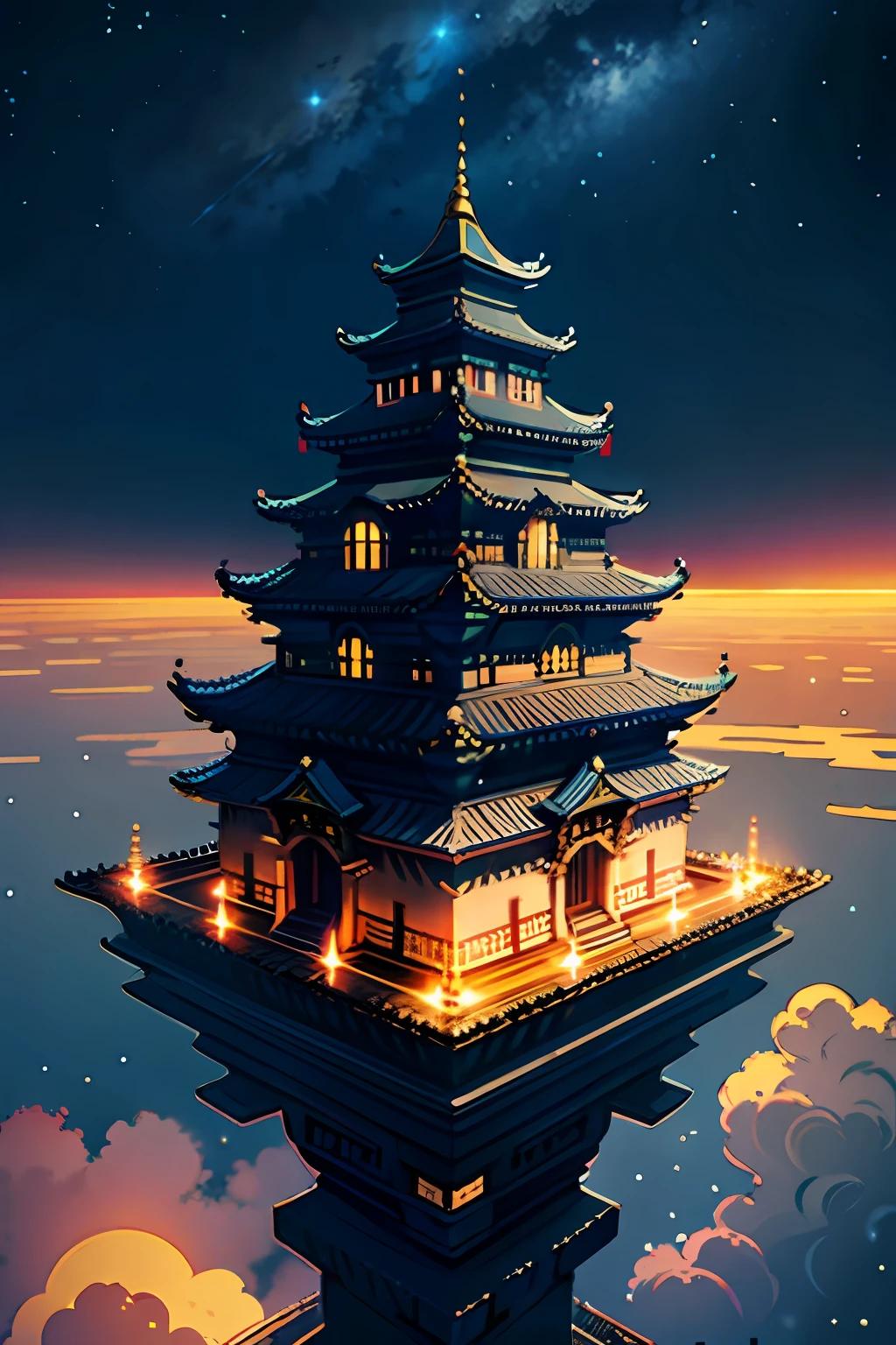 castle in the sky style,kosmos,starrysky,Chinese Ancient Architecture,temple,Aerial architecture,Aerial architecture,afloat,No Man,group of buildings,heavenly body, style of duelyst,palace floating in the sky