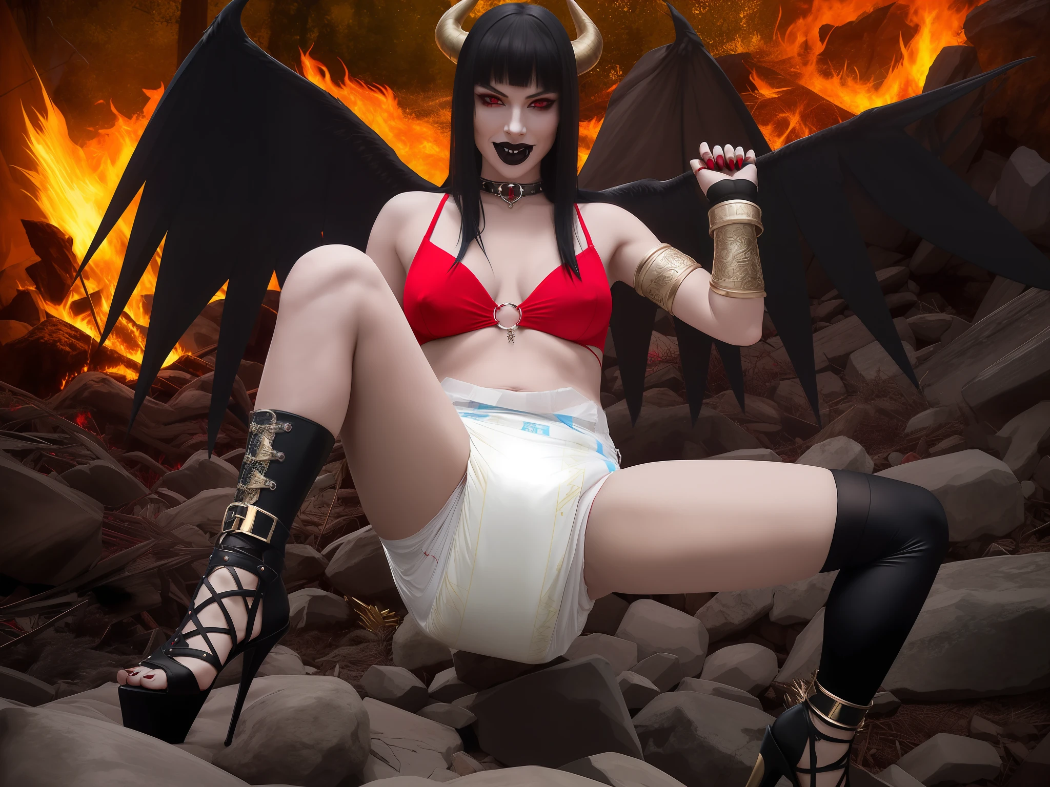 (masterpiece, top quality, best quality, highly detailed:1.2), semi-realistic, 1girl, solo, photo of a sexy succubus posing seductively in a soiled diaper, burning red cave, outdoors, standing, diaper, black diaper, wet diaper, soggy diaper, messed diaper, diaper mess, hypermessing, diaper waistband peek, faded wetness indicator, thigh high metal heels, black hair, red eyes, smirking, golden braclet, goled coller with ruby in the middle, ruby ring, black lipstick, black long metal gauntlets, red skin, wings, horns, dark, fire