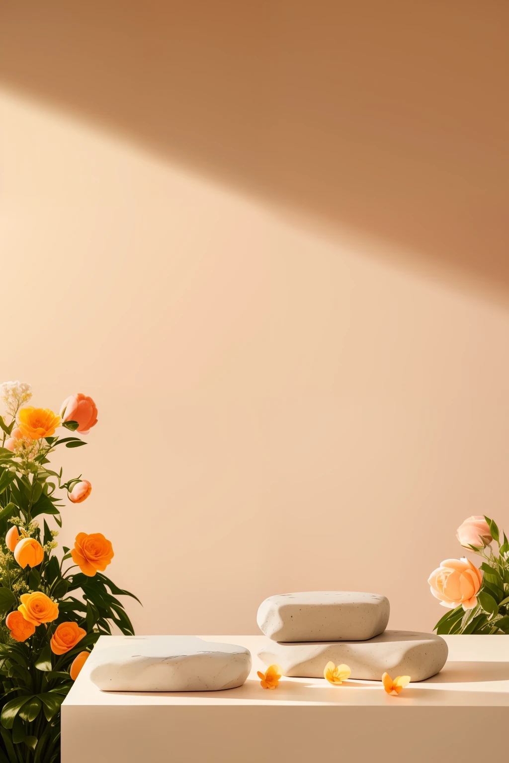 There are two stones on the table,Flowers in the background, still life photo of a backdrop, flowers in the background, minimalistic background, background-image, minimal background, Minimalist background, wallpaper aesthetic, in shades of peach, amazing contrasting background, minimalistic composition, Warm pastel pastel colors, afternoon sunlight, Sunny atmosphere,UHD, high quality, highres