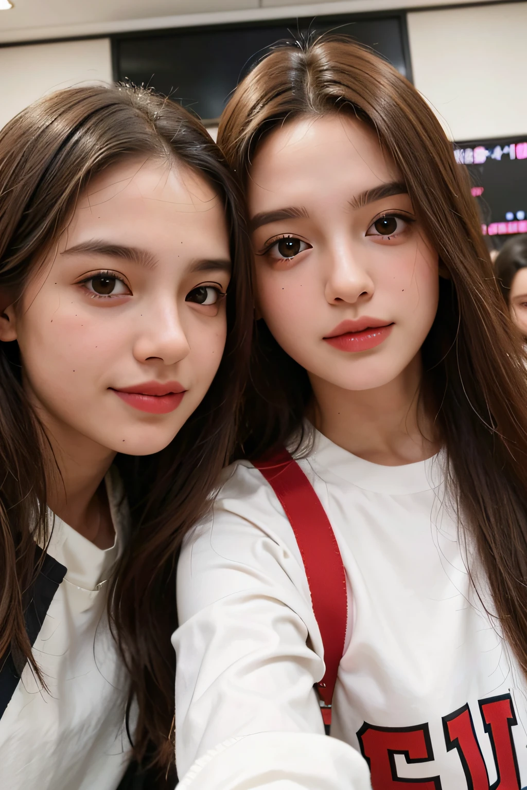 two young girls taking a selfie with their cell phones, cute girls, gorgeous faces, closeup faces, 8k selfie photograph, beautiful gemini twins portrait, selfie shot straight on angle, beautiful faces, two girls, selfie photo, isabela moner, beautiful girls, gorgeous young model, close up potrait, young girls, modeling for dulce and gabanna