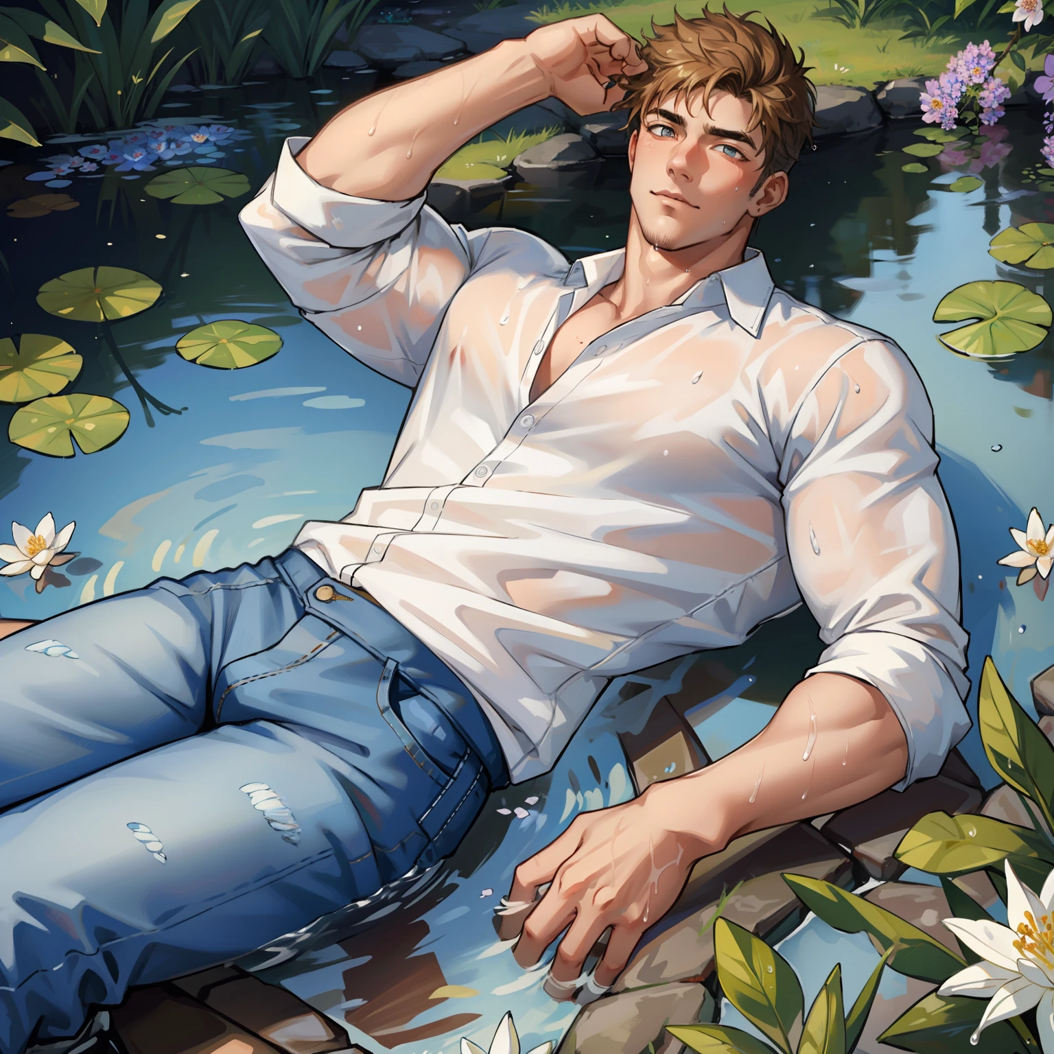 masterpiece, best quality, 1 male, adult, handsome, tall muscular guy, broad shoulders, finely detailed eyes and detailed face, extremely detailed CG unity 8k wallpaper, intricate details, The pond is filled with colorful flowers, A man lying on back comfortably in it, from directly above, white shirt, jeans, wet, colorful, artistic, depth of field