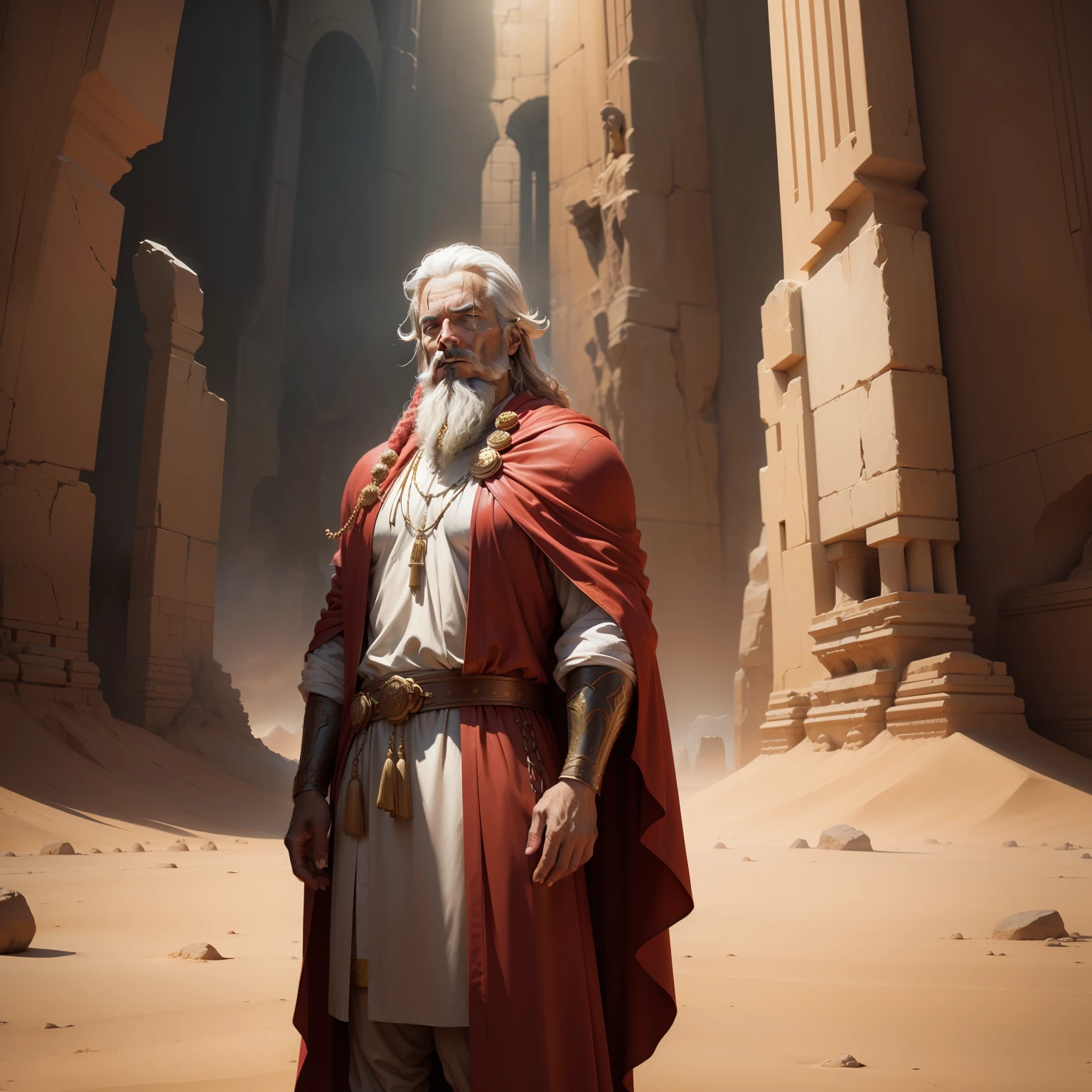 a painting of a man in a red robe standing in a desert, moses, inspired by moses van Uyttenbroeck, epic biblical representation, biblical painting, bible illustration, arte conceitual de deus, biblical epic movie, Directed by: Scott M. Fischer, biblical art style, biblical clothing, Segunda vinda, O Deus da Aveia, biblical art, biblical image, Ancient Biblical