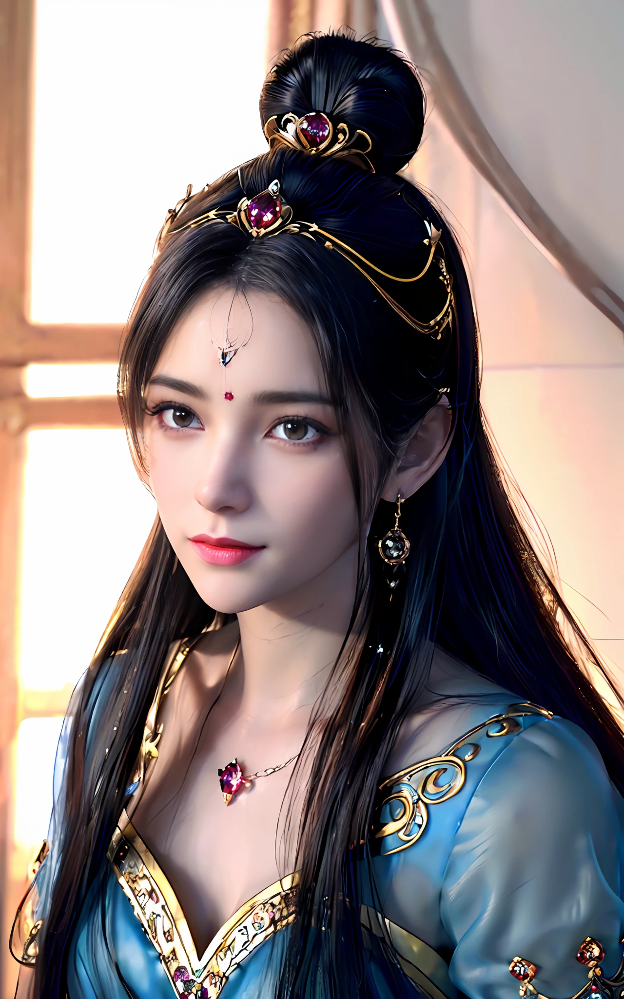 ((realisticity: 1.2)), ((best resolution: 8K UHD)), best quality,masterpiece,highres,cg,
((1 super detailed and super realistic girl)), ((very beautiful queen dazzling, super realistic, and super detailed)),((white skin, beautiful, smooth, youthful, super realistic and super detailed
)), long hair, ((super realistic and super detailed dress)), solo, ((super realistic, super beautiful, gorgeous and super detailed jewelry)), ((super beautiful, super realistic and super detailed dark red and golden yellow dress)),
((super beautiful, super realistic, super detailed diamond filled earrings)),
((super beautiful, super realistic and super detailed diamond filled hair ornament)), ((super beautiful upper body, super beautiful, super realistic and super detailed)), ((big breasts: 2.5)),
((super grand, super realistic and super detailed royal palace backgroun))
((super beautiful, super beautiful, super realistic and super detailed hair bun)), ((super beautiful, super realistic and super detailed blue hair)),
candid, Photograph, high resolution, 8k,Bokeh,