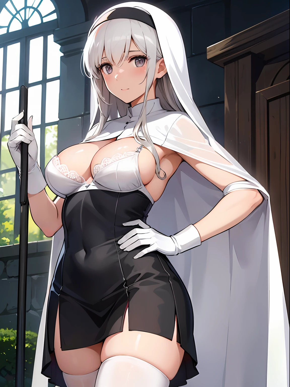 nun,large breasts,(((mature female,adult female))),25 years old,long hair,church,thong, 1girl,(skirt),white nun dress,thighhighs,happy,blush,(white bra,white panties), undressing,outdoor,groin,happy,blush
