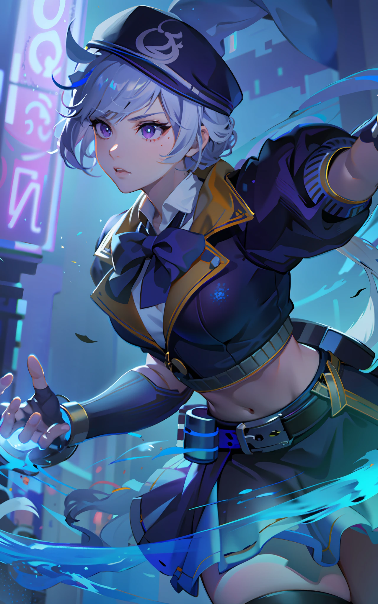 upper body, 1girl, white hair, ponytail, purple eyes, (ninja), short sword, medium breats ,scarf, wallpaper, magic circle background, light particles, blue fire,