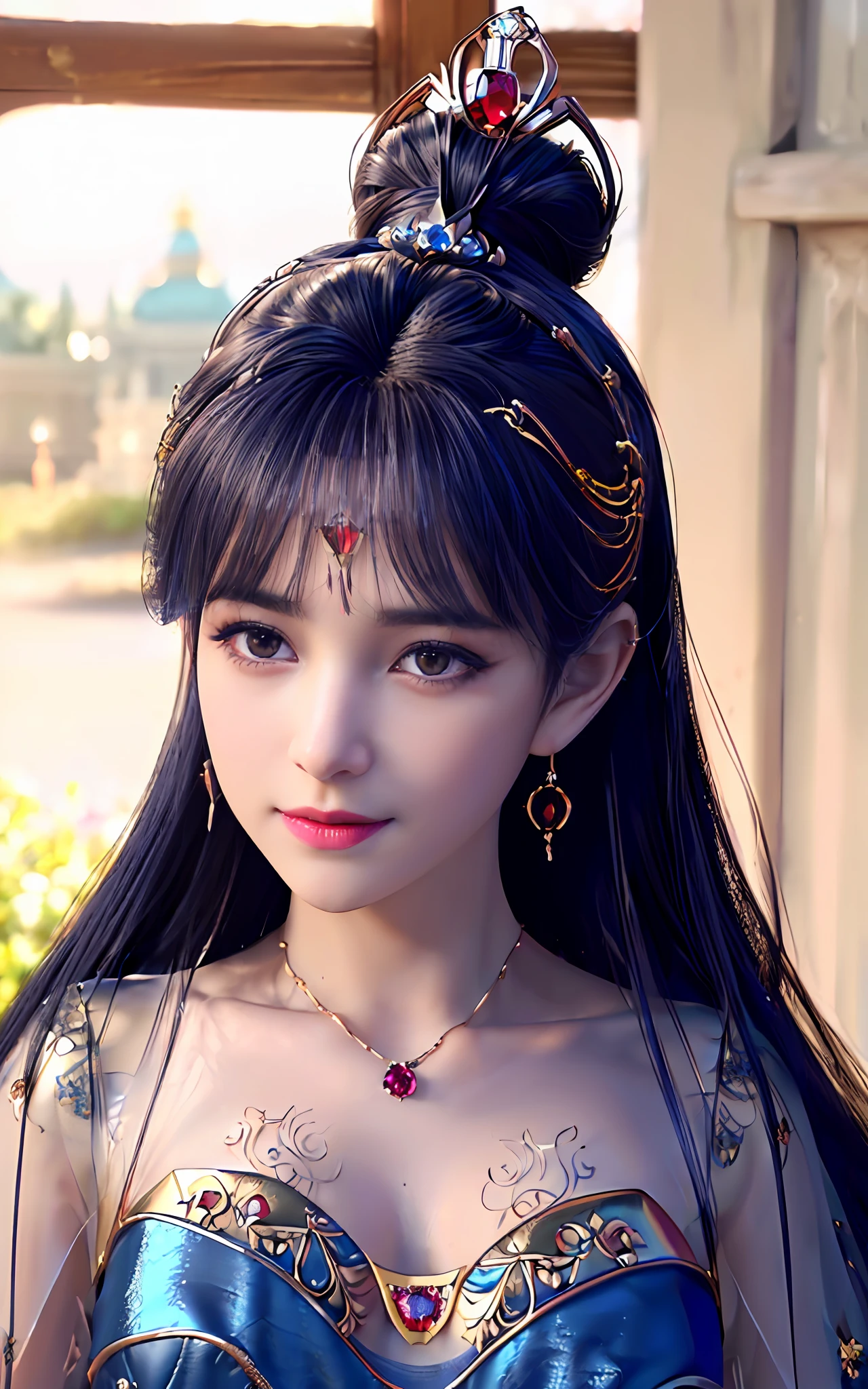 ((realisticity: 1.2)), ((best resolution: 8K UHD)), best quality,masterpiece,highres,cg,
((1 super detailed and super realistic girl)), ((very beautiful queen dazzling, super realistic, and super detailed)),((white skin, beautiful, smooth, youthful, super realistic and super detailed
)), long hair, ((super realistic and super detailed dress)), solo, ((super realistic, super beautiful, gorgeous and super detailed jewelry)), ((super beautiful, super realistic and super detailed dark red and golden yellow dress)),
((super beautiful, super realistic, super detailed diamond filled earrings)),
((super beautiful, super realistic and super detailed diamond filled hair ornament)), ((super beautiful upper body, super beautiful, super realistic and super detailed)), ((big breasts: 2.5)),
((super grand, super realistic and super detailed royal palace backgroun))
((super beautiful, super beautiful, super realistic and super detailed hair bun)), ((super beautiful, super realistic and super detailed blue hair)),
candid, Photograph, high resolution, 8k,Bokeh,