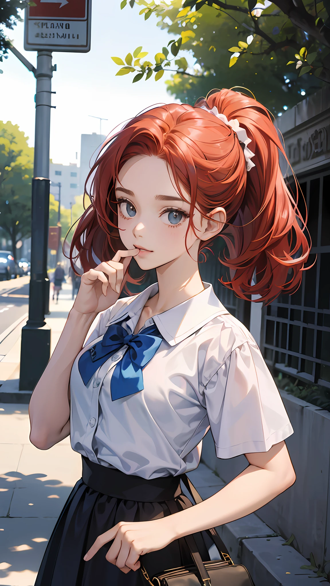 Menina 9 anos.. personagem para capa de ebook infantil. Curly and red hair up to the shoulder. Bow on pink head. Olhos castanhos e grandes. pele branca. mesmo personagem. wearing dark blue skirt and white blouse as high school uniform. Meia branca e sapato preto. various poses, same character hates reference A running child, no campus da escola, behind the school building, carregando mochilas escolares, felizes, felizes, de qualidade perfeita, menina de costas, lateralmente, Attracted, lateralmente, lado a lado, fisionomia diferente da face.Foco claro (desordem - casa: 0,8), (obra-prima: 1,2) (realista: 1,2) (Bokeh) (melhor qualidade) (pele detalhada: 1,3) (detalhes intrincados) (8k) (olhos de detalhe) (foco nítido), (Feliz)