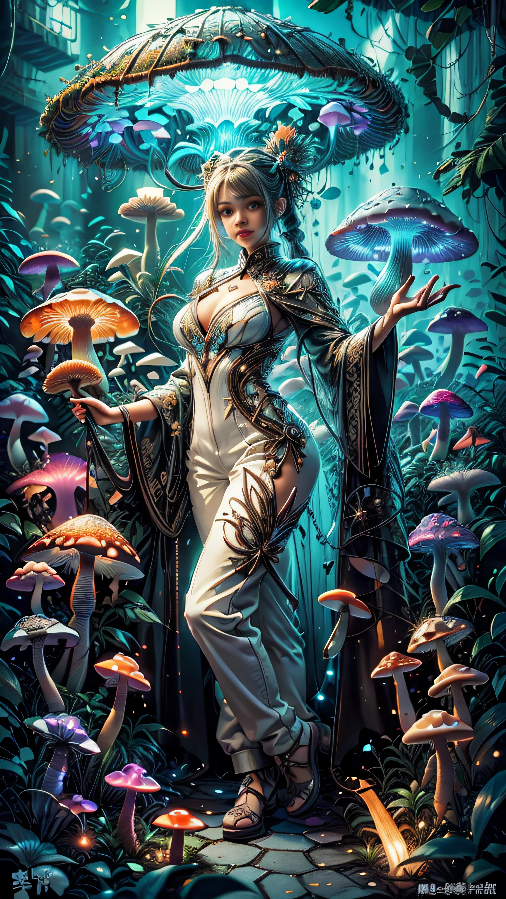 Super beautiful glowing big eyes、((top-quality)), ((​masterpiece)), ((realisitic)), (detaileds), Reflective Luminous White:1.5, Texture glossy orange:1.3, 1 Sticky jumpsuit(cammel toe)beautiful young woman with, A sexy, Photo from top to bottom, A lot of glowing neon mushrooms, a Mandala, Cinematic, sharp, Ray traching, cheerfulness, Lightness