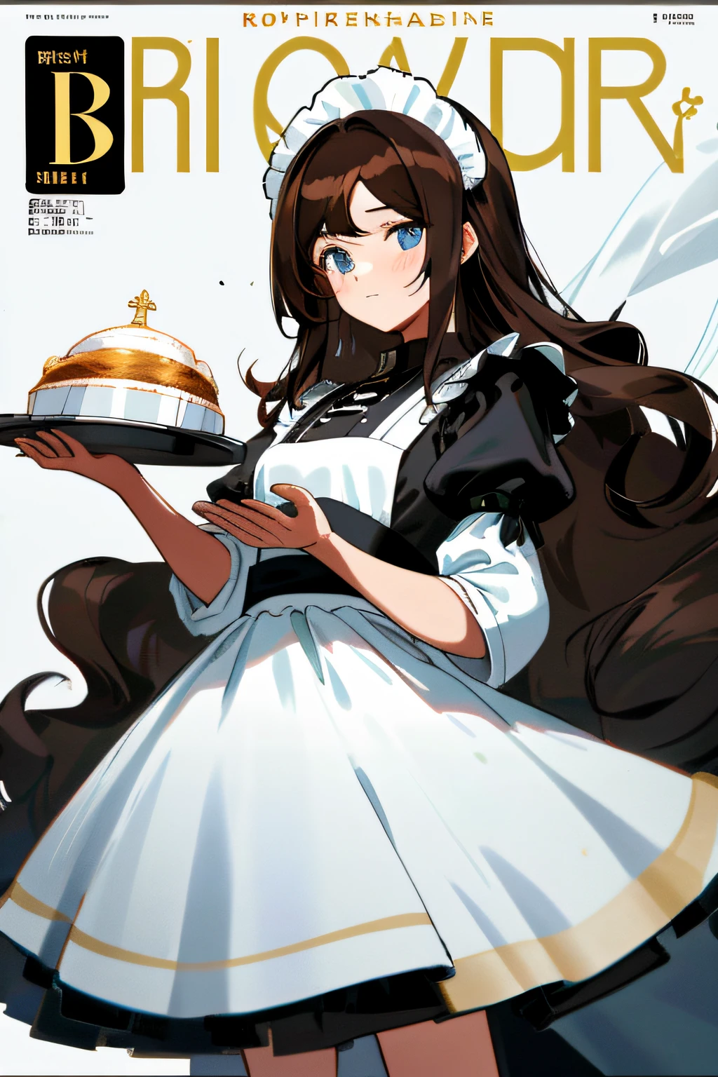 maidennurse，middle parted bangs，brown  hair，MagazineCover，teens girl，Royal sister，brown  hair，with long coiled hair，Golden-blue eyes，Hold the tray，blacksilk，Black and white dress，short- sleeved，black andwhite，Black and white dress，Black and white maid group，short- sleeved，puff sleeves