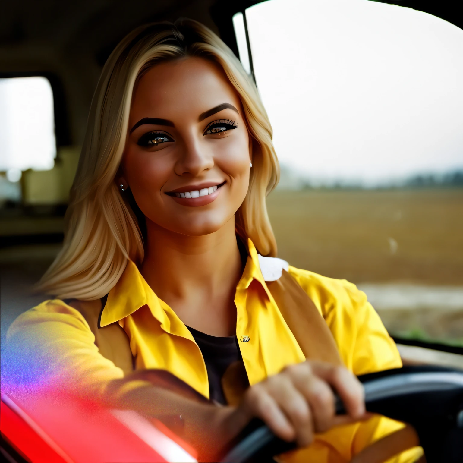 camisa amarela, hand on the steering wheel