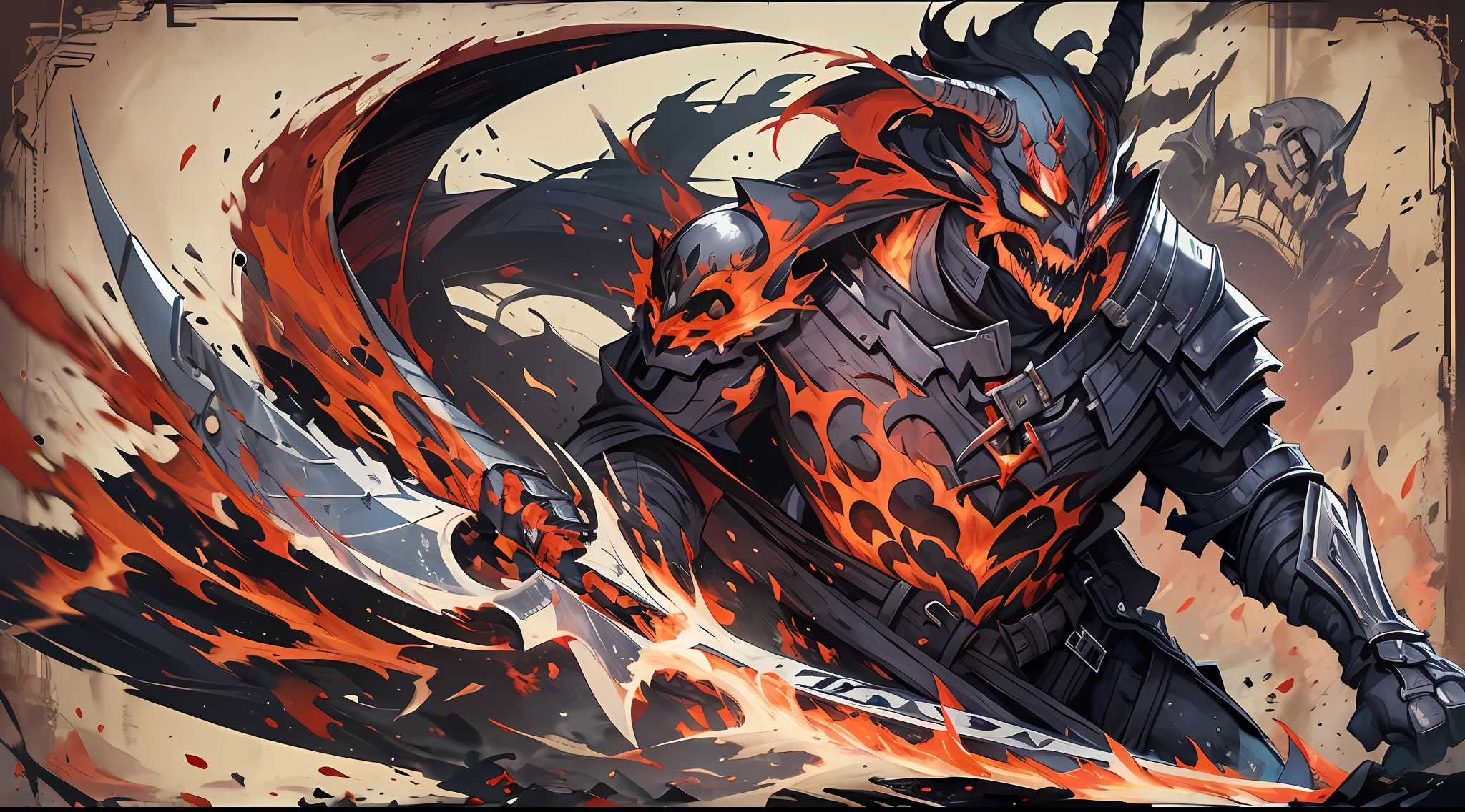 Hombre grande,marcas y simbolos por el cuerpo,pelo largo y lanco,capucha roja,Espada gigante de almas en pena,oscuro,almas,guantes demoniacos,armadura masiba,armadura de almas en pena,demonio, Fuego, caballo infernal de fuego y lava,ojos rojos,ojos azules brillante, infierno, apocalyptic,fin del mundo, Lado oscuro,ruina, guerra, Darksiders , ERA (Darksiders), obra dearte,guerrero,enviado del infierno,Horseman of the Apocalypse,muerte,sangre,destruccion,hambre,lucha,furia,ciudad debastada,edificios en ruinas,calles destruidas,pobo y particulas en el aire,muchas victimas alrededor,demonios muertos,demonios descuarisados y sangrando,espada clabada,espada enterrada,espada con sangre,mirada aterradora,misterio