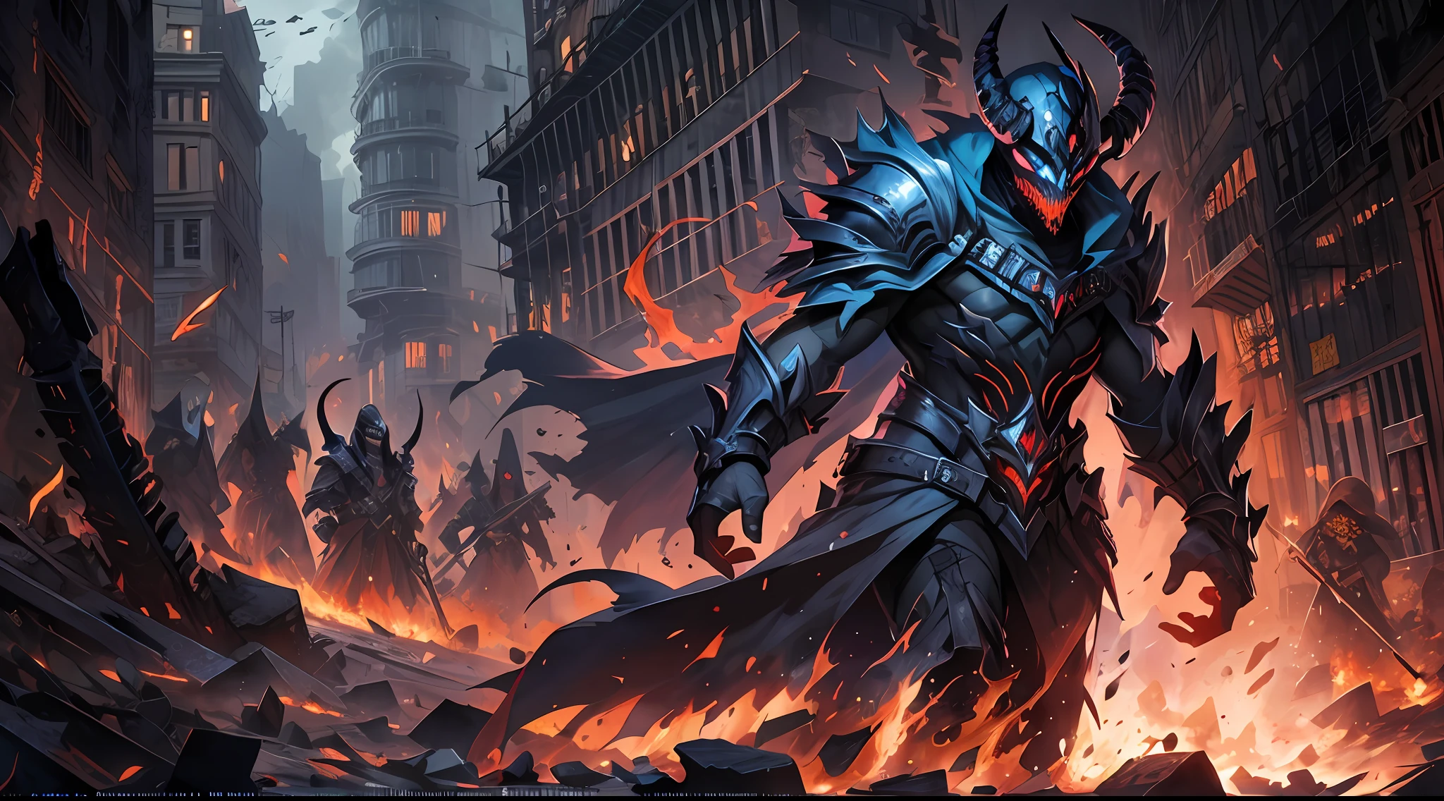 Hombre grande,marcas y simbolos por el cuerpo,pelo largo y lanco,capucha roja,Espada gigante de almas en pena,oscuro,almas,guantes demoniacos,armadura masiba,armadura de almas en pena,demonio, Fuego, caballo infernal de fuego y lava,ojos rojos,ojos azules brillante, infierno, apocalyptic,fin del mundo, Lado oscuro,ruina, guerra, Darksiders , ERA (Darksiders), obra dearte,guerrero,enviado del infierno,Horseman of the Apocalypse,muerte,sangre,destruccion,hambre,lucha,furia,ciudad debastada,edificios en ruinas,calles destruidas,pobo y particulas en el aire,muchas victimas alrededor,demonios muertos,demonios descuarisados y sangrando,espada clabada,espada enterrada,espada con sangre,mirada aterradora,misterio