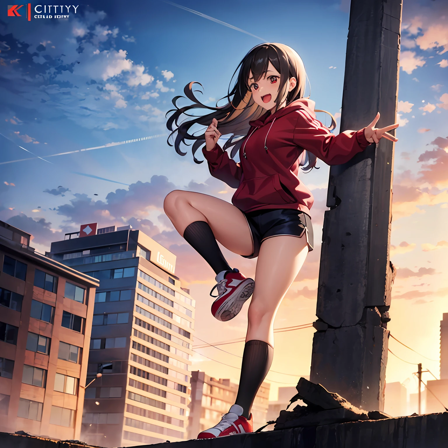 1girl, ************, Two legs, Two hands, Bigger than the building, black hair, red eyes, black hoodie, short shorts, socks, sneakers, crossed bangs, long hair, oversized clothes, standing, destroyed buildings, giantess art, GTSCity, happy, excited, Anatomically correct, Textured skin, 8k