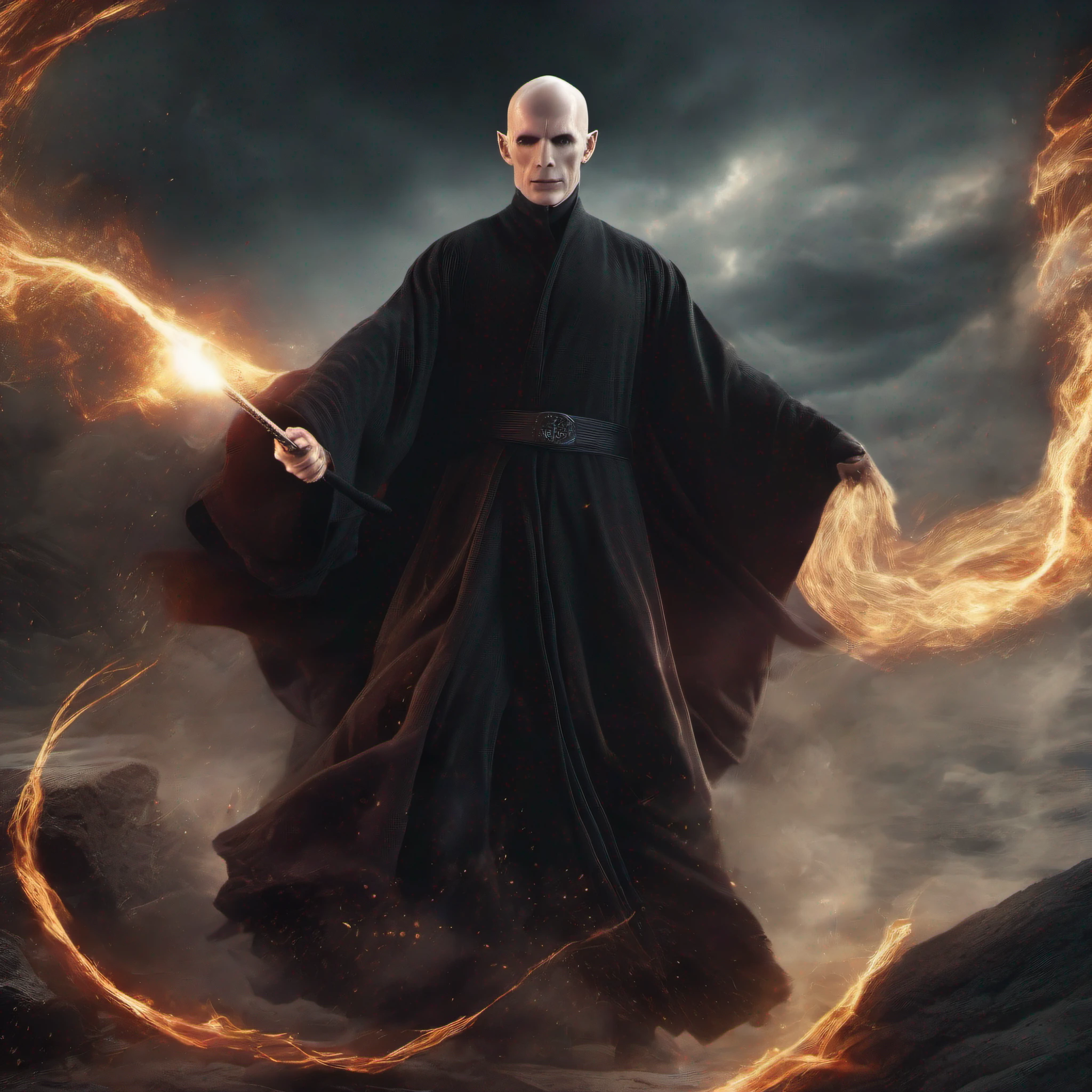 (Masterpiece, Best Quality, High Resolution, Absurd, Detail: 1.2), lord Voldemort, male,  holding out the elder wand, vicious face expression,  shooting with magic wand pose, wearing wizard robe (elder wand : 1.6)