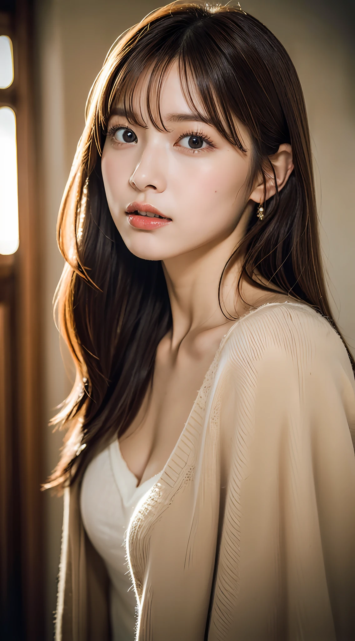 (8K、Raw photography、top-quality、masterpiece:1.2)、ultra-detailliert、超A high resolution、High-detail RAW color photos、professional photograpy、extremely delicate and beautiful、astonishing、finely detail、Very detailed beautiful girl、extra detailed face、extremely detailed eye、highlydetailed skin、extremely detailed fingers、highly detailed nose、highly detail mouth、perfect anatomia、Photo of a cute Japanese woman、 1girl in、((Brown layered hair))、(in a house)、30-years old、((cowboy shot))、natta、doress、standingn