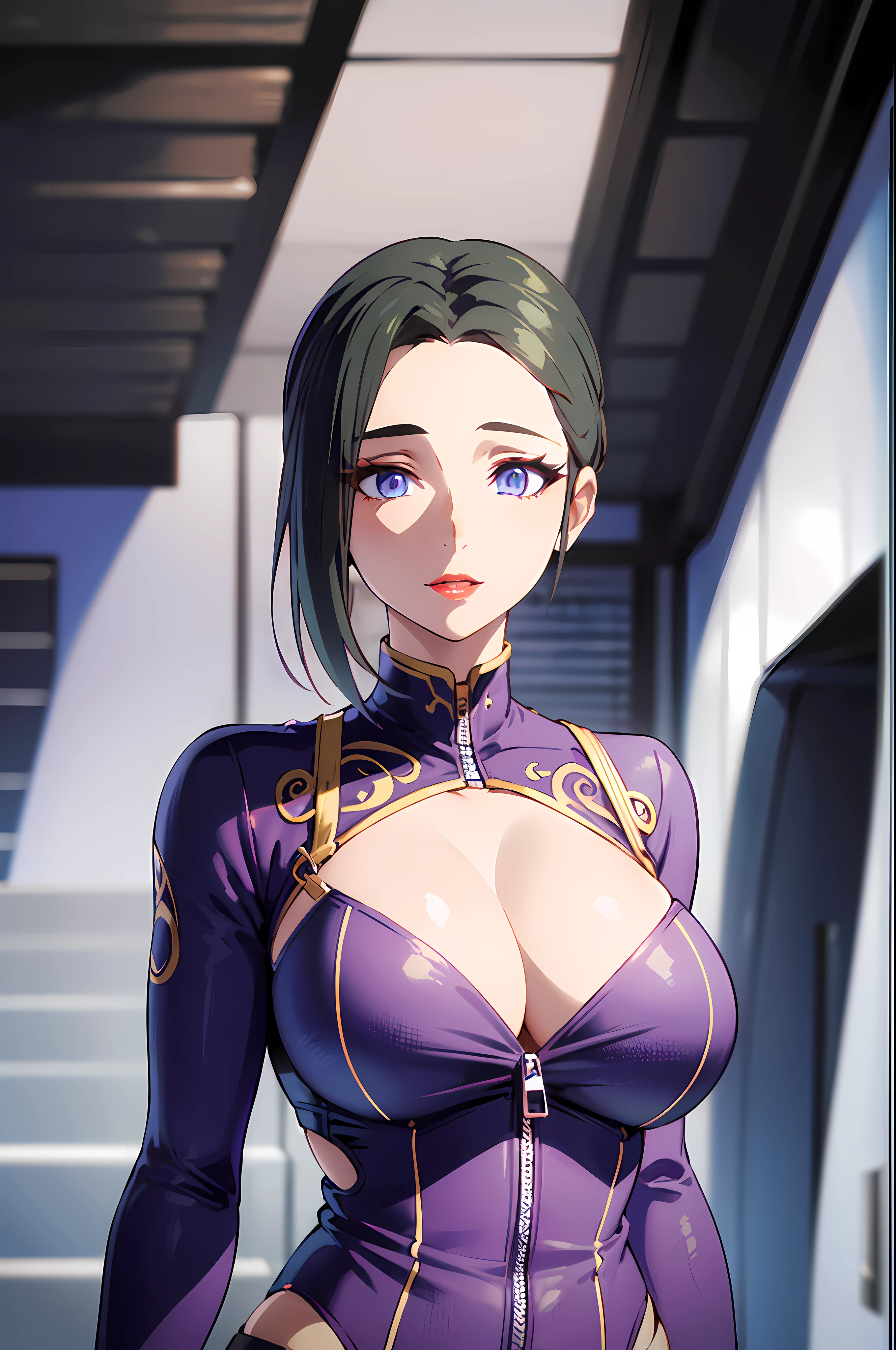 (masterpiece, best quality, 16k, 8k, ultra highres, plain white background, long hair, black hair, blue eyes, ponytail, highres:1.0), haruhiko_ichijou, black jumpsuit, makeup, purple lipstick, purple eyeshadow, beautiful face, hyperdetail face, hyperdetail bodysuit, half zipper open, cleavage, (((large breasts:1.2))), (((solo:1.5))), ((milf, mature female, 35yo)), gorgeous body, (((upper body, half body shot:1.5))), ((hyperdetail eyeshadow, hyperdetail lipstick)), (((looking at the camera, symetrical, sharp focus, intricate detail, elegant, concept art, cinematic))), (direct view:1.4),