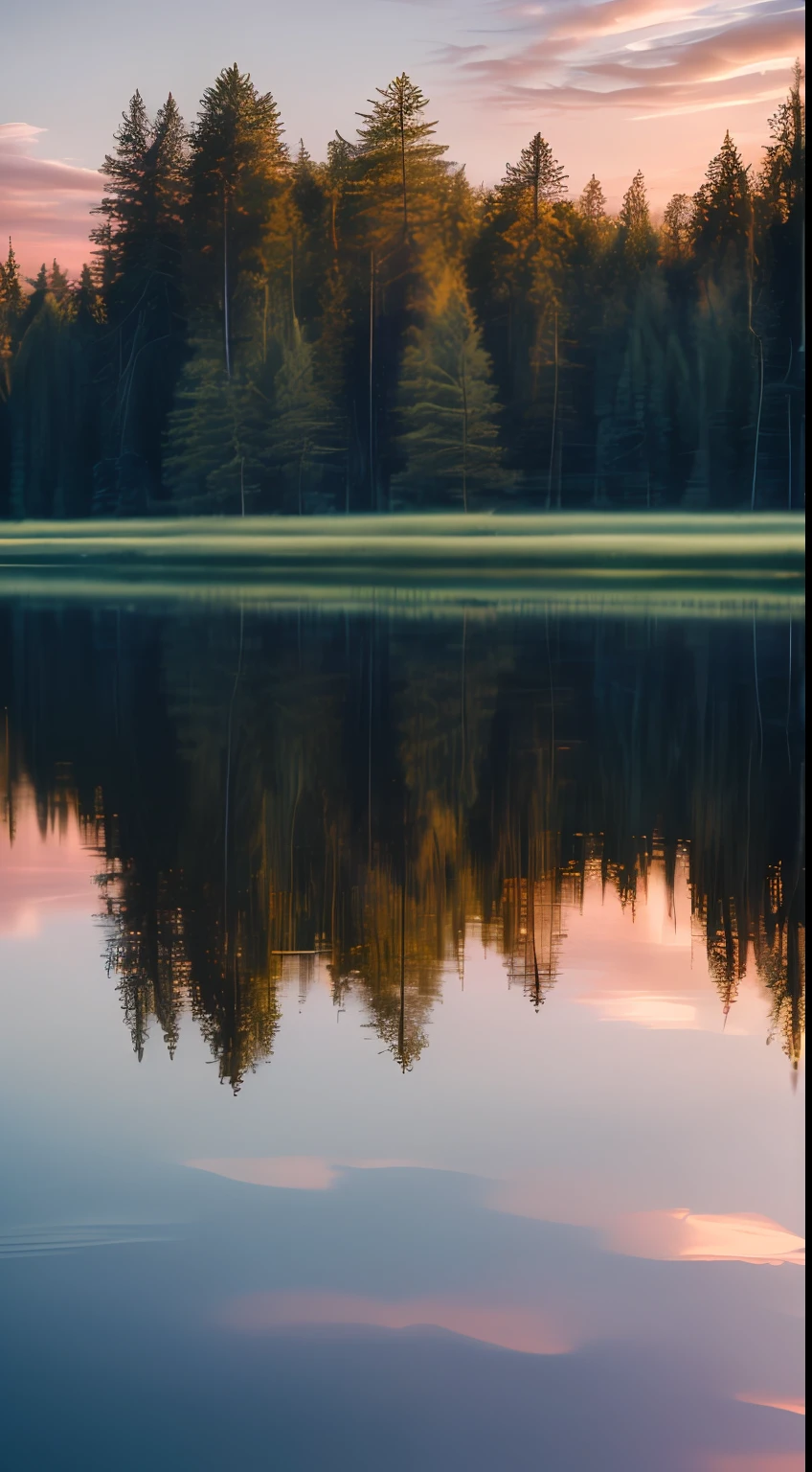 wallpaper, summer, lake, dawn, forest, detailed forest, clouds, masterpiece, cinematic, soft light, depth of field, ray tracing, reflection in water, realism, ulra detailed,