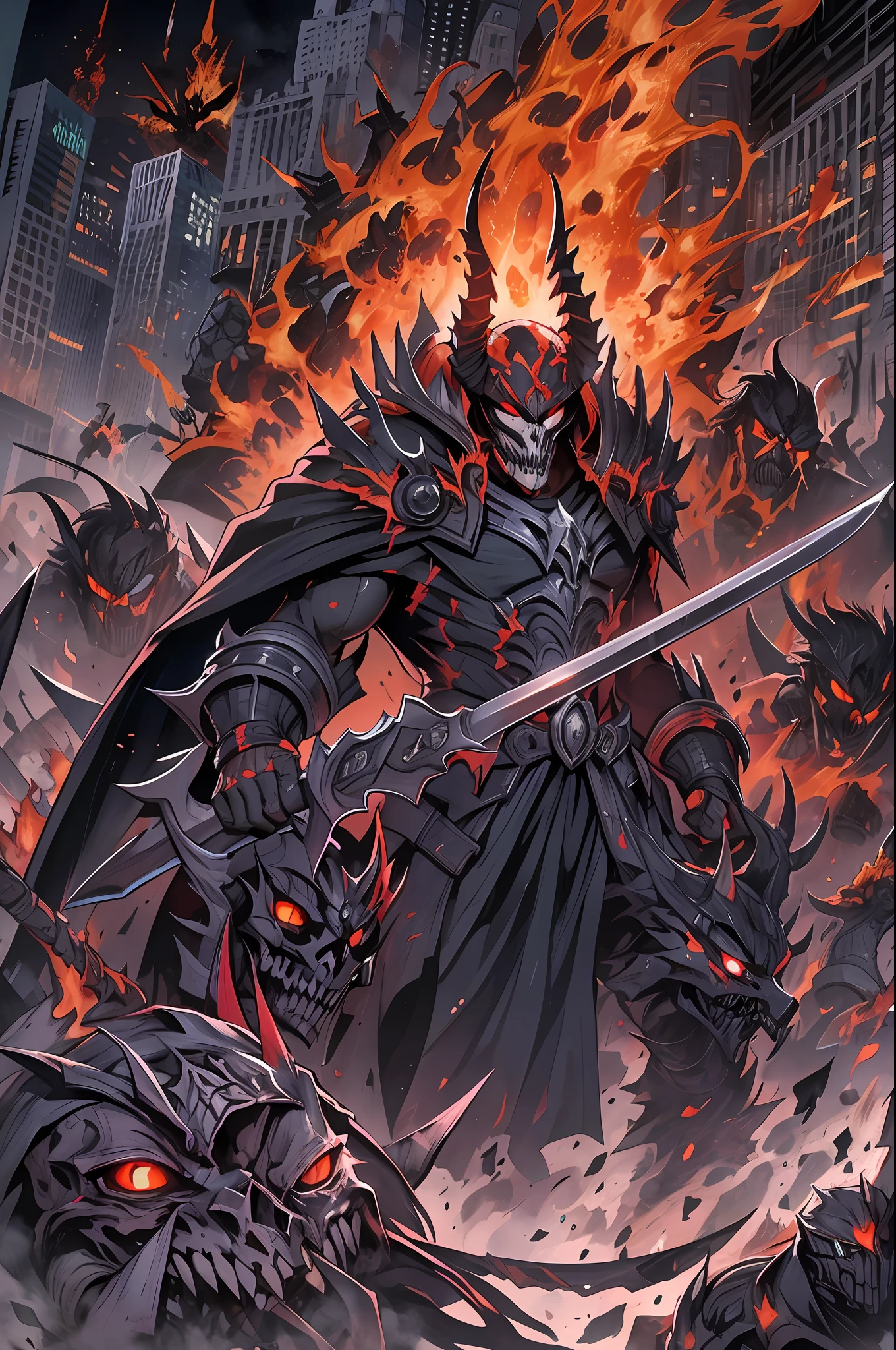 Hombre grande,marcas y simbolos por el cuerpo,pelo largo y  lanco,capucha roja,Espada gigante de almas en pena,oscuro,almas,guantes demoniacos,armadura masiba,armadura de almas en pena,demonio, Fuego, caballo infernal de fuego y lava,ojos rojos,ojos azules brillante, infierno, apocalyptic,fin del mundo, Lado oscuro,ruina, guerra, Darksiders , ERA (Darksiders), obra dearte,guerrero,enviado del infierno,Horseman of the Apocalypse,muerte,sangre,destruccion,hambre,lucha,furia,ciudad debastada,edificios en ruinas,calles destruidas,pobo y particulas en el aire,muchas victimas alrededor,demonios muertos,demonios descuarisados y sangrando,espada clabada,espada enterrada,espada con sangre,mirada aterradora,misterio