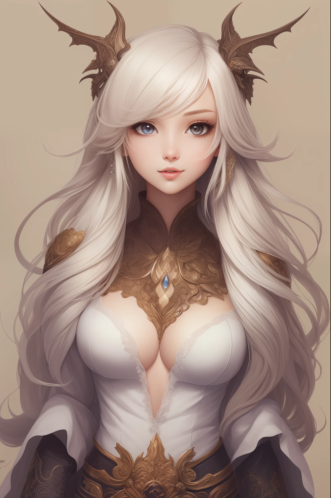 tmasterpiece,Best quality at best,astounding,Intricate and refined delicate details,Very detailed cute illustration,Very detailed cute wallpaper,High resolution illustration eyes,Extremely cute face,Long white hair,Heteropupil,Towering chest,Dragon Lady,