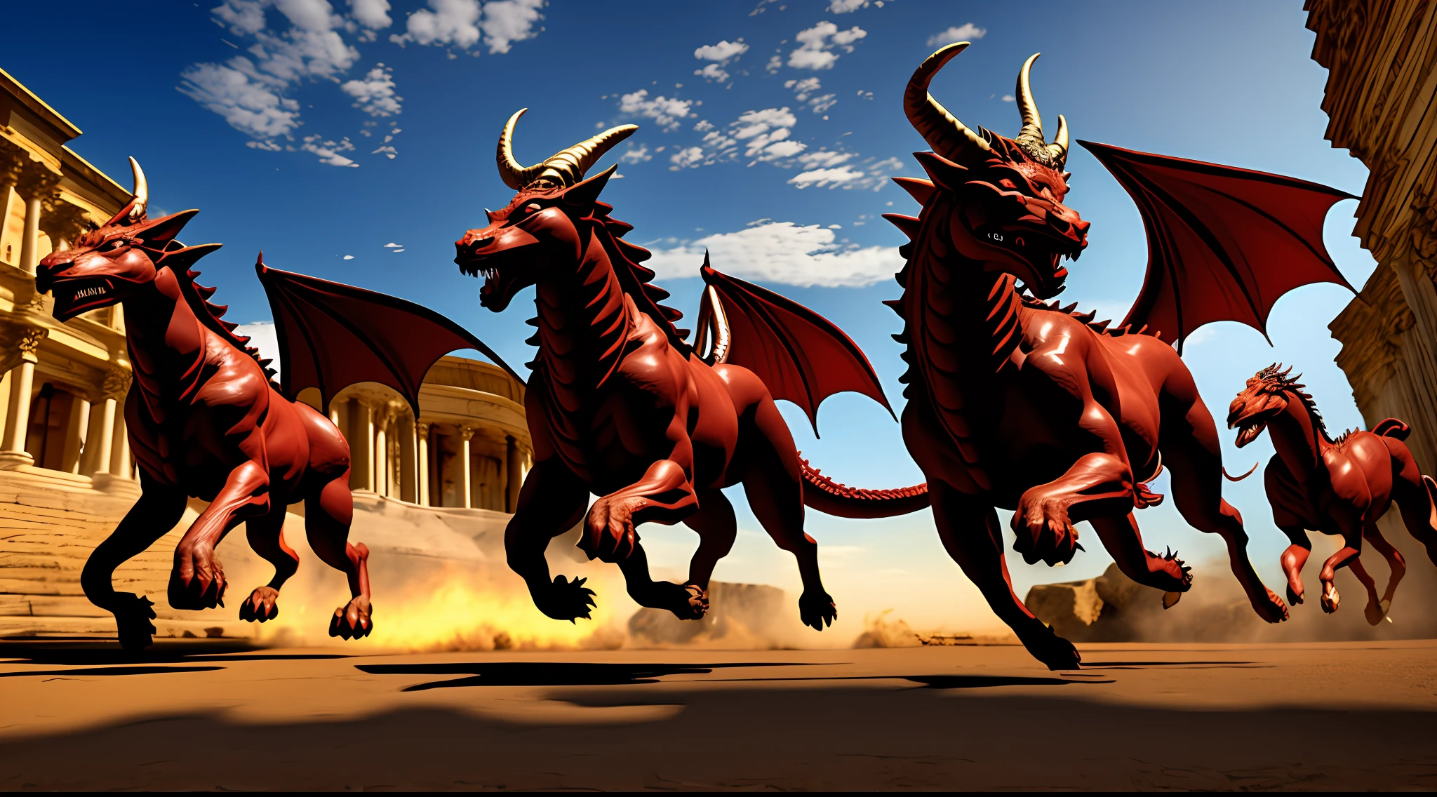 a race between a dragon and a Cerberus and a centaur in 3d seen from the front where the minotaur is in the middle and in the middle the centaur is on the left in second and the medusa on the right in third. with a strict in the upper left corner written like this mythology run without covering the characters
